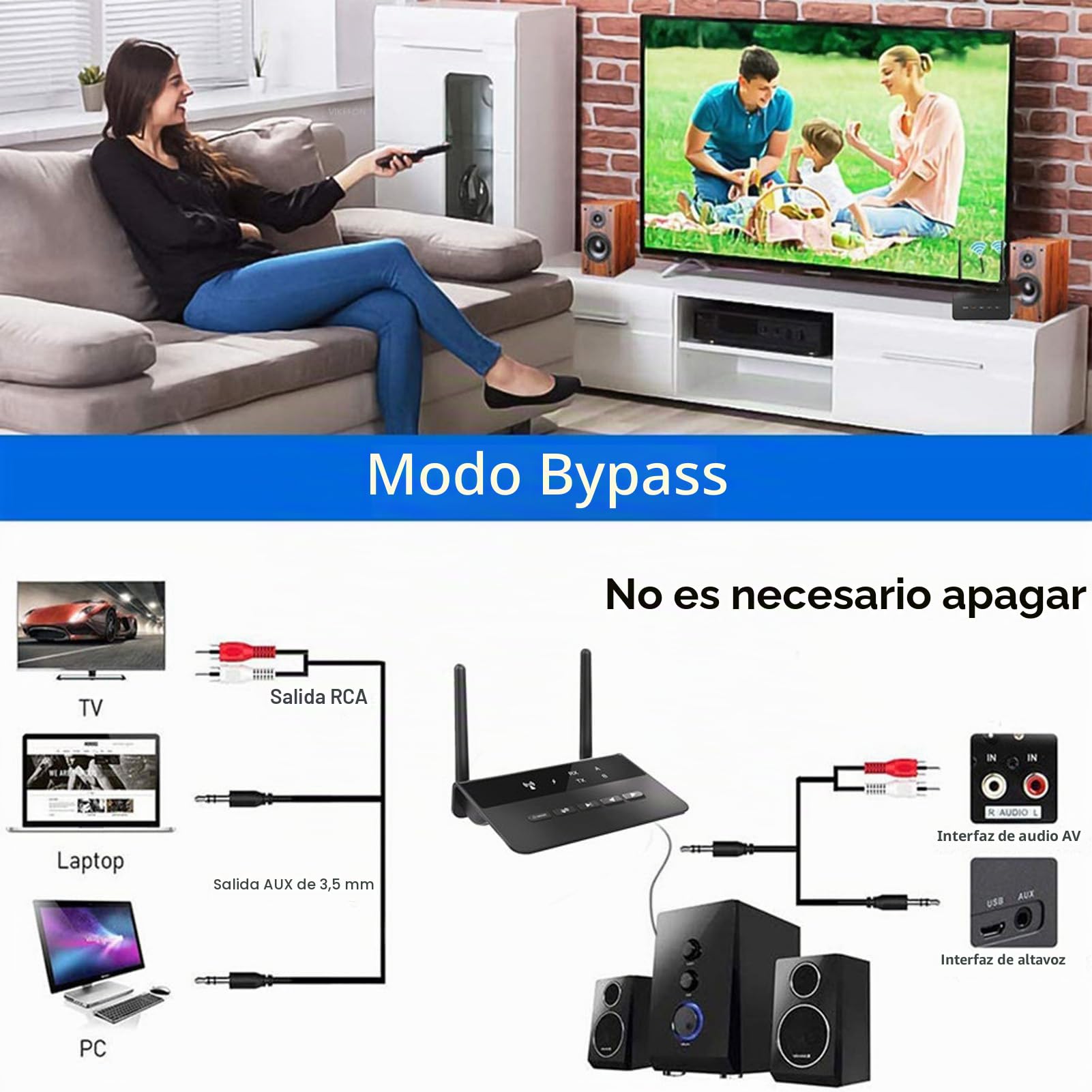 Receptor Transmisor Bluetooth 5,2, Adaptador de Audio Bluetooth HD de Baja Latencia 2 en 1 AptX, Puerto AUX RCA de 3,5mm, para Auriculares Estéreo BT de TV en Casa