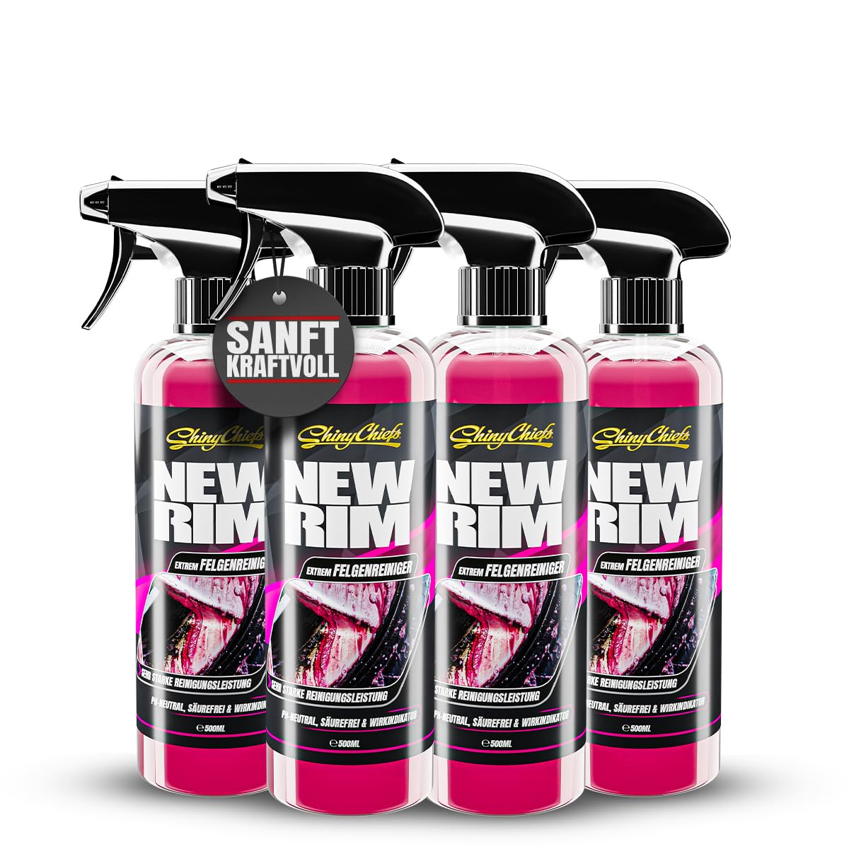 ShinyChiefs NEWRIM EXTREM - Felgenreiniger pH-neutral - 4x500ml | mit extremer Lösekraft, gelartiger Kraftreiniger für alle Felgen - selbstständige Felgen-Aktivreinigung, Farbwechsel, rot