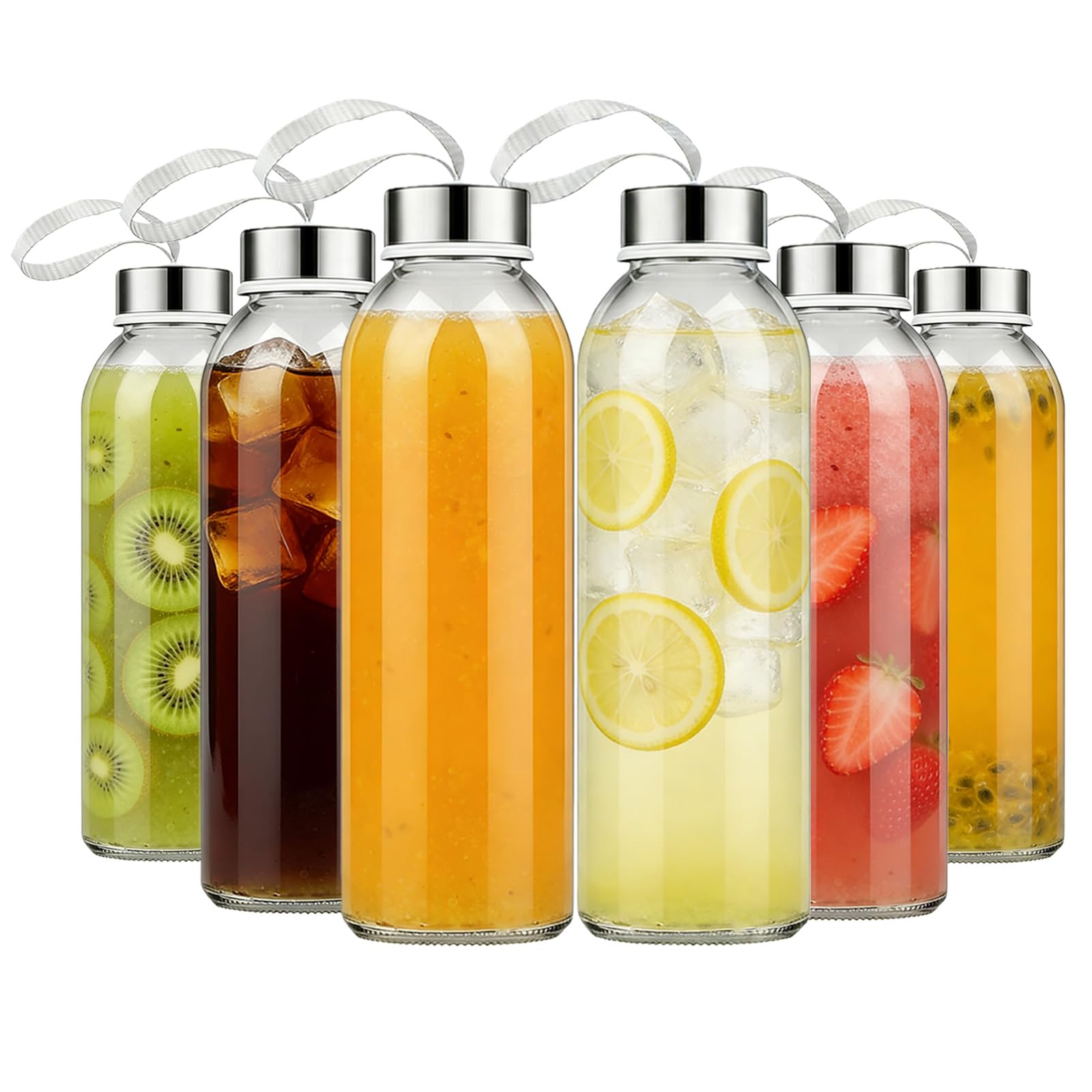 MEETOZ Glass Water Bottles with Caps - 6 Pack 500ml Reusable Drinking Bottle with Leakproof Stainless Steel Lids for Juice, Beverage, Sauce, Milk, Work, Gym