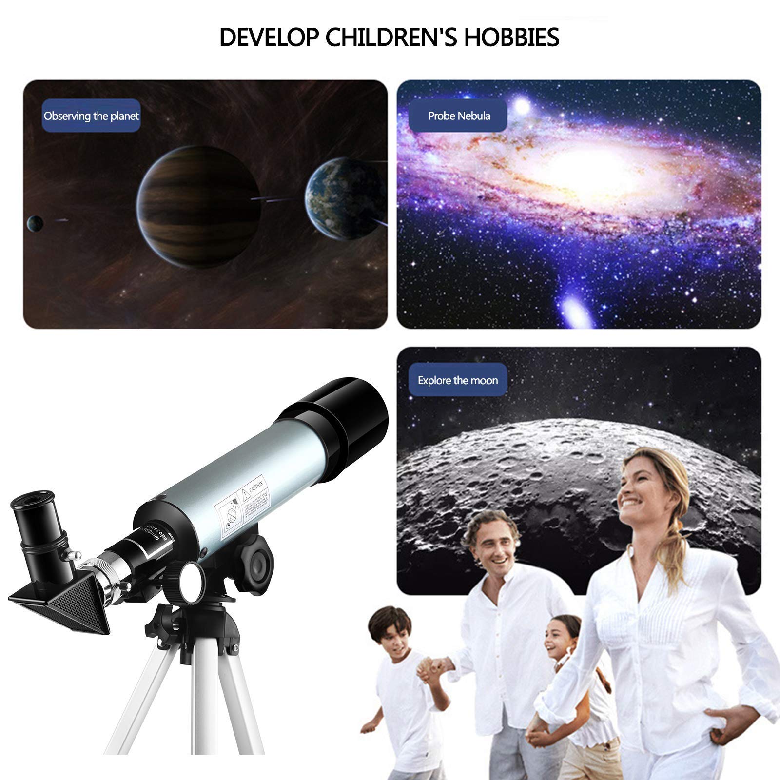 Teleskop astronomiczny dla dzieci, optyczne teleskopy refraktorowe 360 ​​x 50 mm dla dzieci Początkujący luneta monokularowa na zewnątrz + statyw aluminiowy + filtr księżycowy