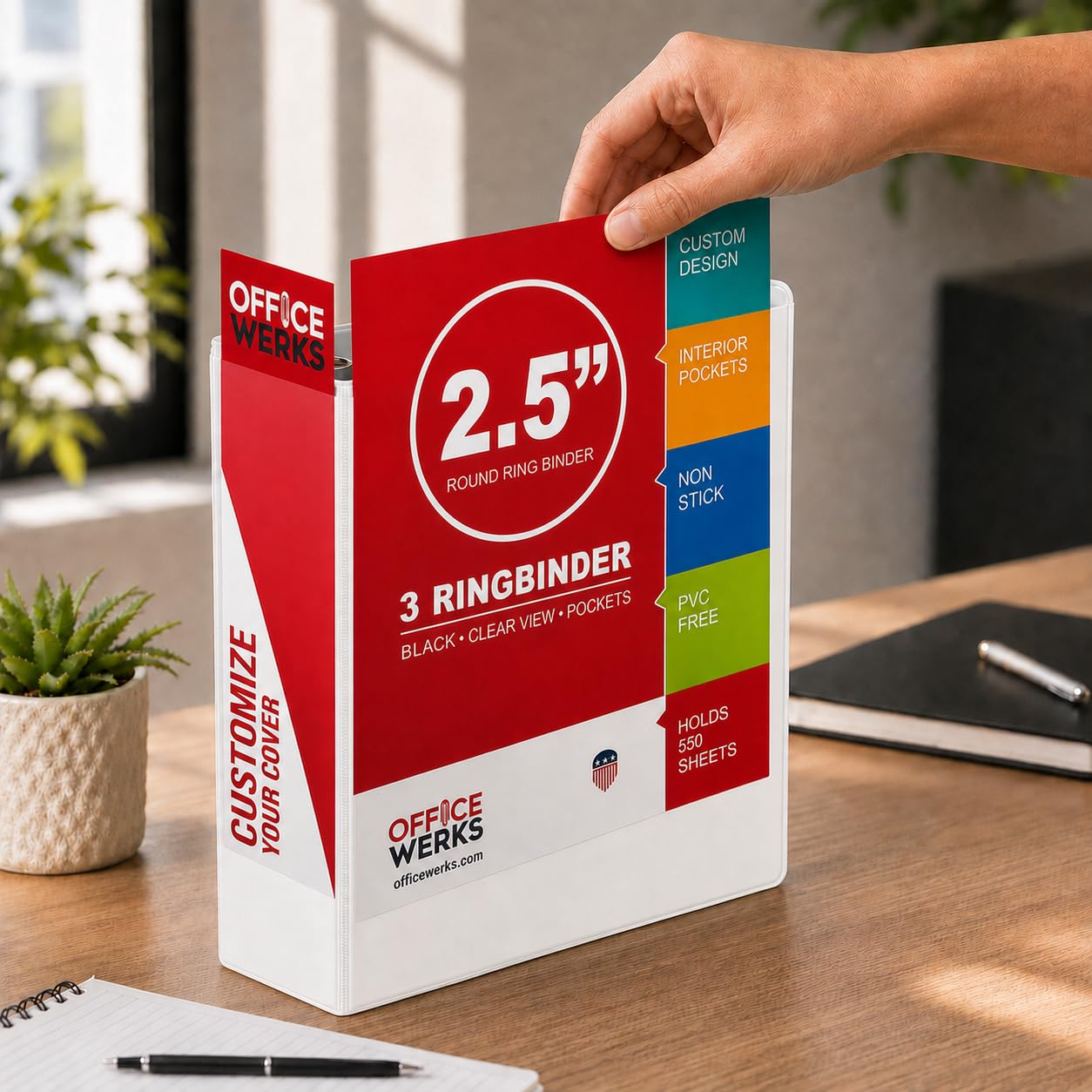 Lot de 12 classeurs à 3 anneaux, dossiers de fournitures de bureau, anneaux ronds de 6,3 cm, blanc, vue claire, poches, dos de 8,1 cm