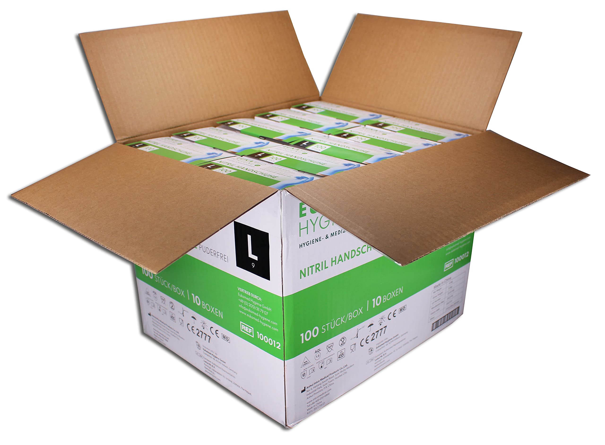 Nitril-Handschuhe L, 1000 Stück, puderfrei, latexfrei, hypoallergen, Lebensmittelhandschuhe, medizinische Einweghandschuhe (Karton mit 10 Pack á 100 Stück)(Größe L)