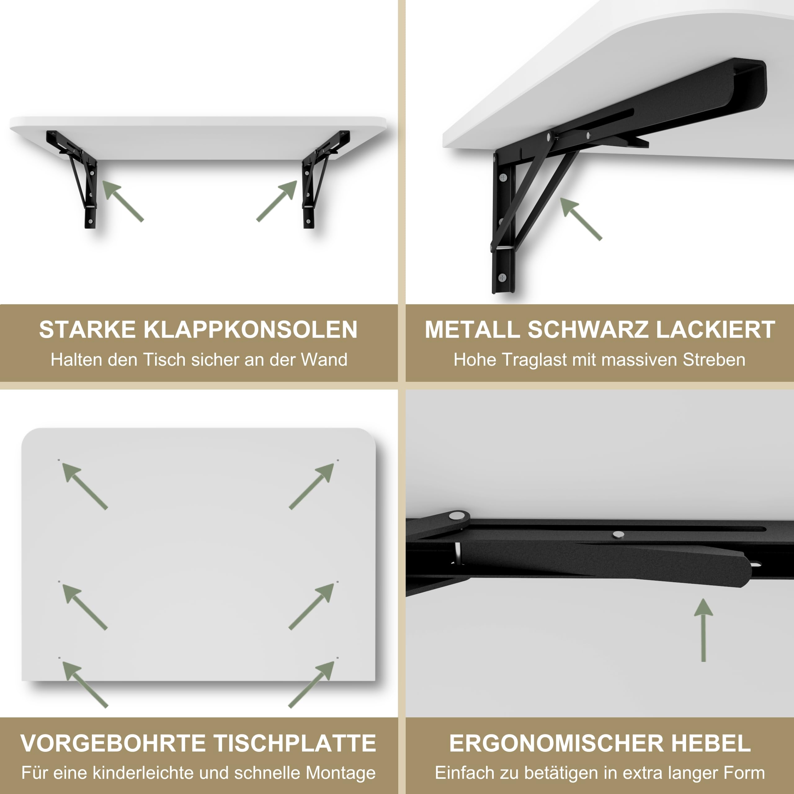 Wandklapptisch Schreibtisch Tischplatte 70x50 cm Klapptisch Esstisch Küchentisch für die Wand Bartisch Stehtisch Wandtisch Tisch klappbar zur Wandmontage (Weiß)