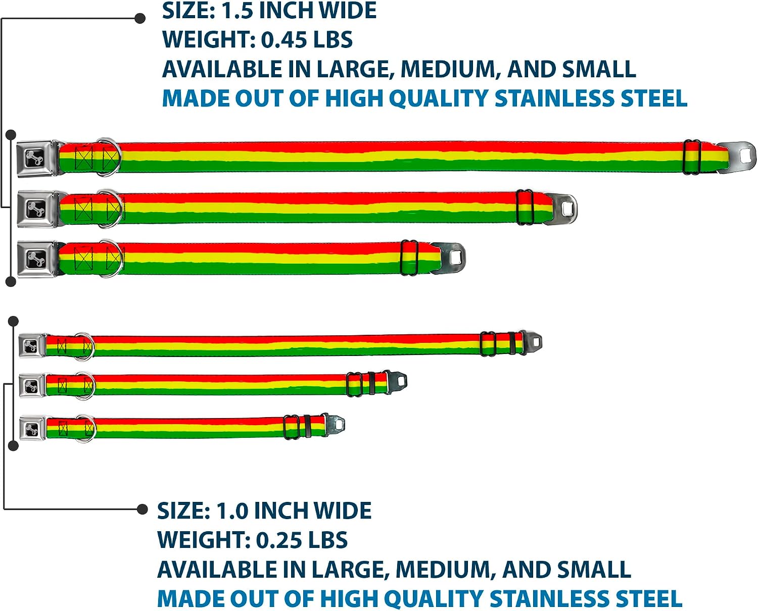 Dog Collar Seatbelt Buckle Rasta Stripes Painted Green Yellow Red 9 to 15 Inches 1.0 Inch Wide image 3