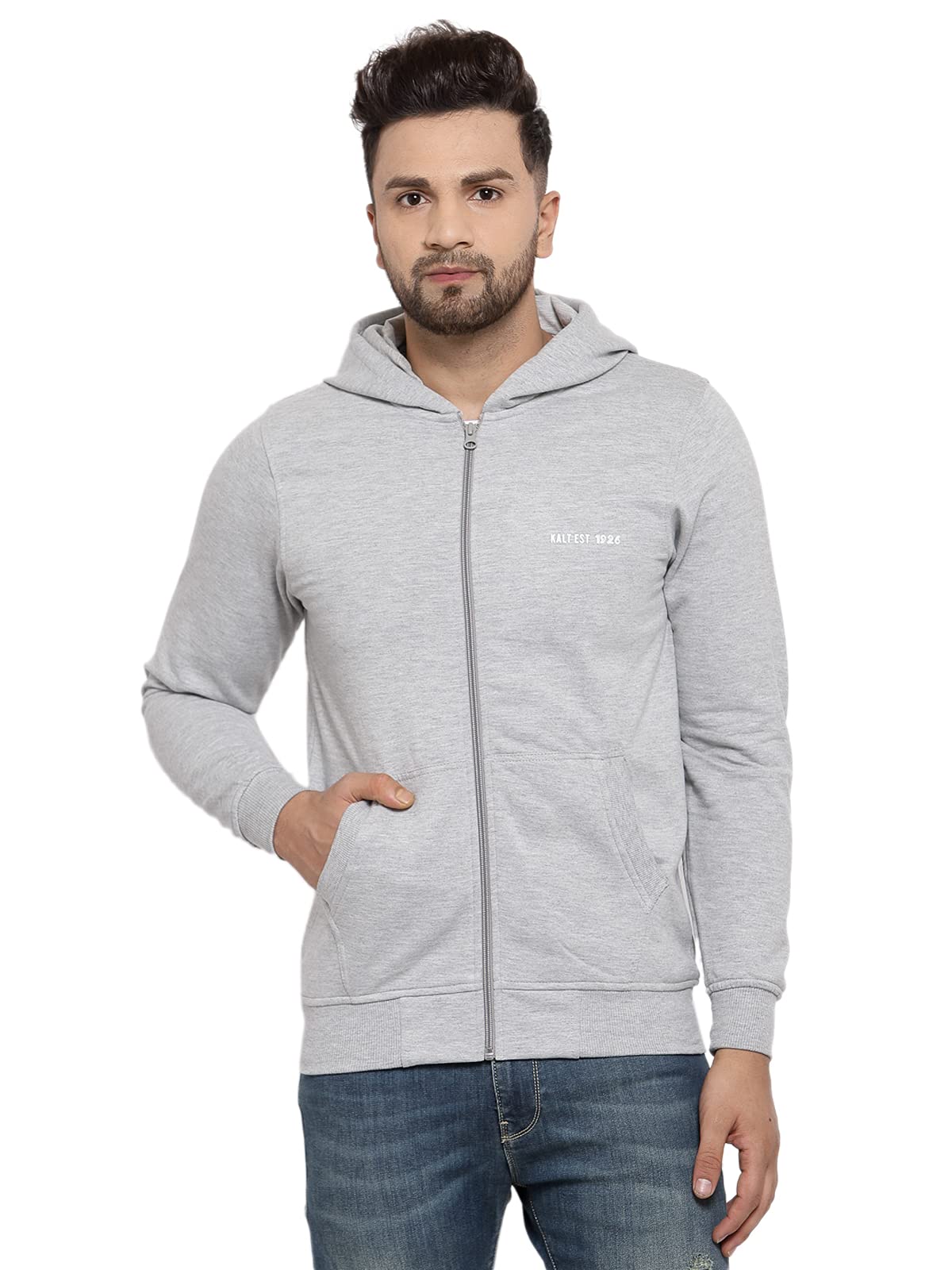 kalt Men Full Sleeves Zipper Fleece Hoodie(Light Grey Melange)-picture-19