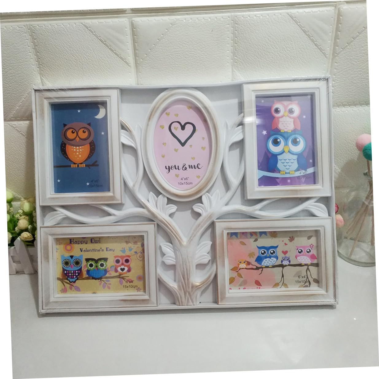 GLEAVI Portafoto da Parete a Forma di Albero, Cornice per Foto Combinata 4x6 Pollici in Plastica Bianco Oro, Decorazione la Scrivania e Arredamento Casa Ufficio