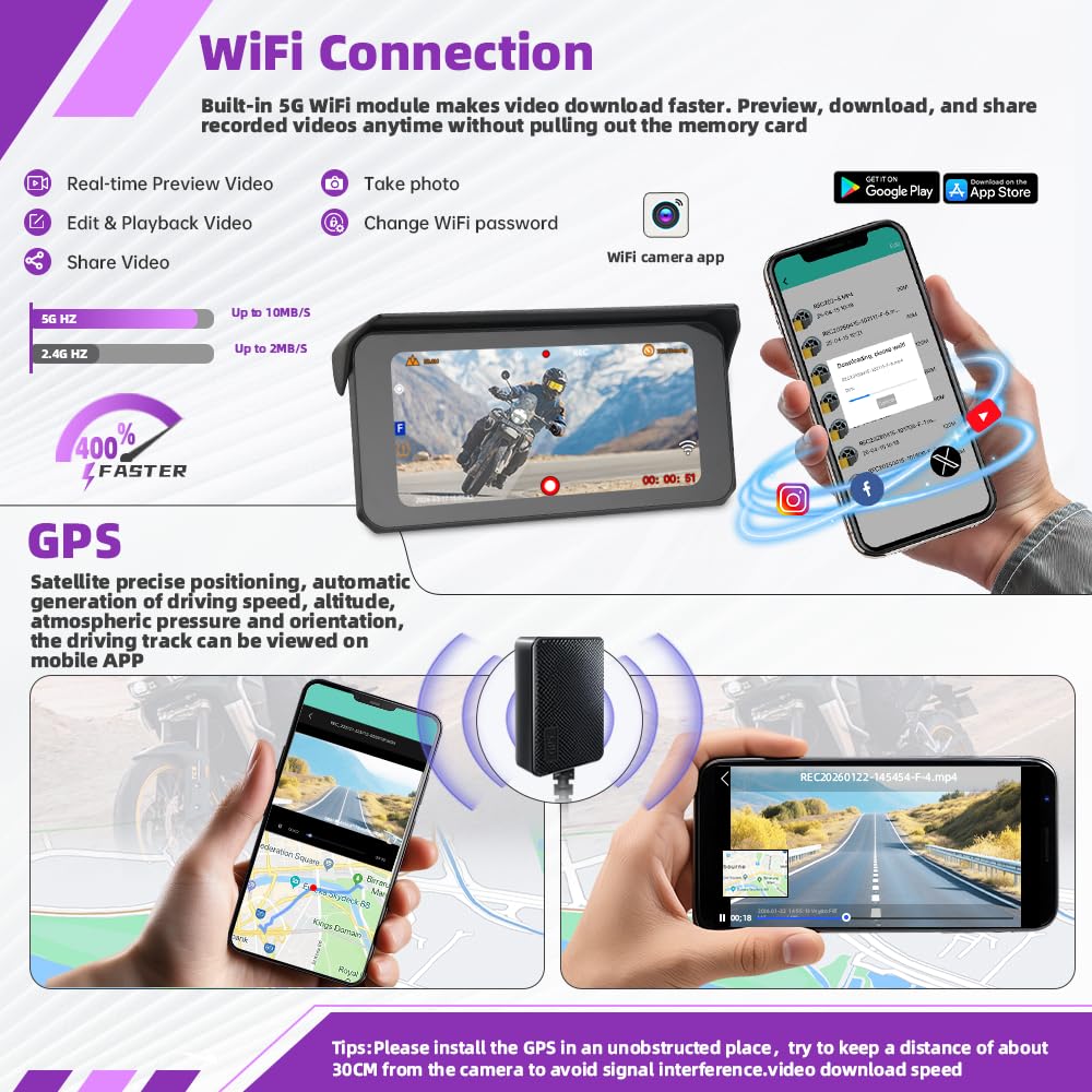 VSYSTO Dual 2K Wireless Carplay Motorrad Dashcam, 6,25 Zoll Touchscreen, 5G WLAN, Parküberwachung, Reifendrucküberwachung, Rückfahrmodus, GPS, kabelgebundener Controller, Temperaturanzeige (CS6)