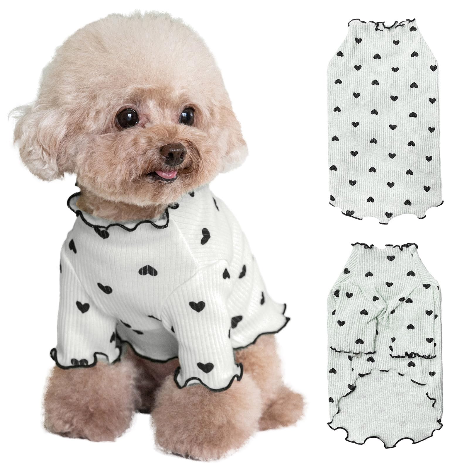 Yaopelky Pet Clothes for Small Dogs Cat Summer Fall Heart Print Shirt Stretchable Ruffle Long Sleeve Outfits for Chihuahua Schnauzer Shih Tzu Yorkie (