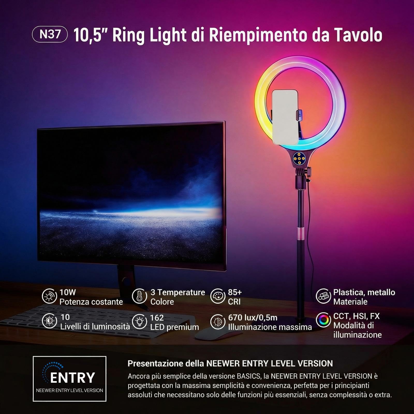NEEWER ENTRY LEVEL VERSION N37 10,5” Ring Light RGB con Supporto Tavolo/Porta Telefono Compatibile con iPhone/Telecomando, Luce LED CRI85+ 10W per TikTok YouTube Streaming Video Chiamata Zoom Laptop