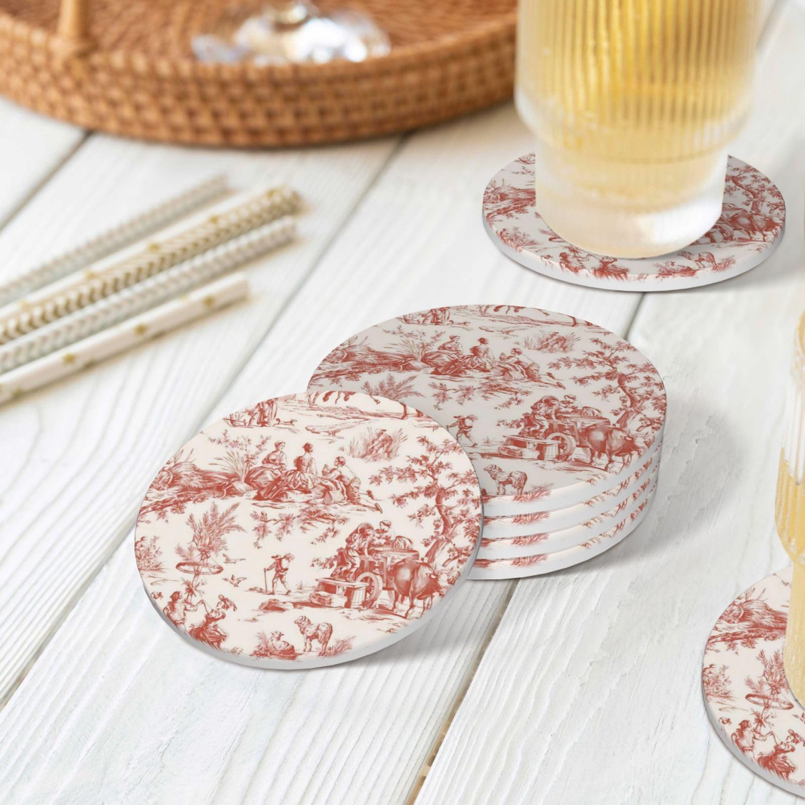 Lukiyys Red French Country Toile Pattern Ceramic Coaster Set of 4 for Drinks, Absorbent Ceramic Stone Coaster Set, Cork Base,Cups Place Mats for Home Decor Round Shape