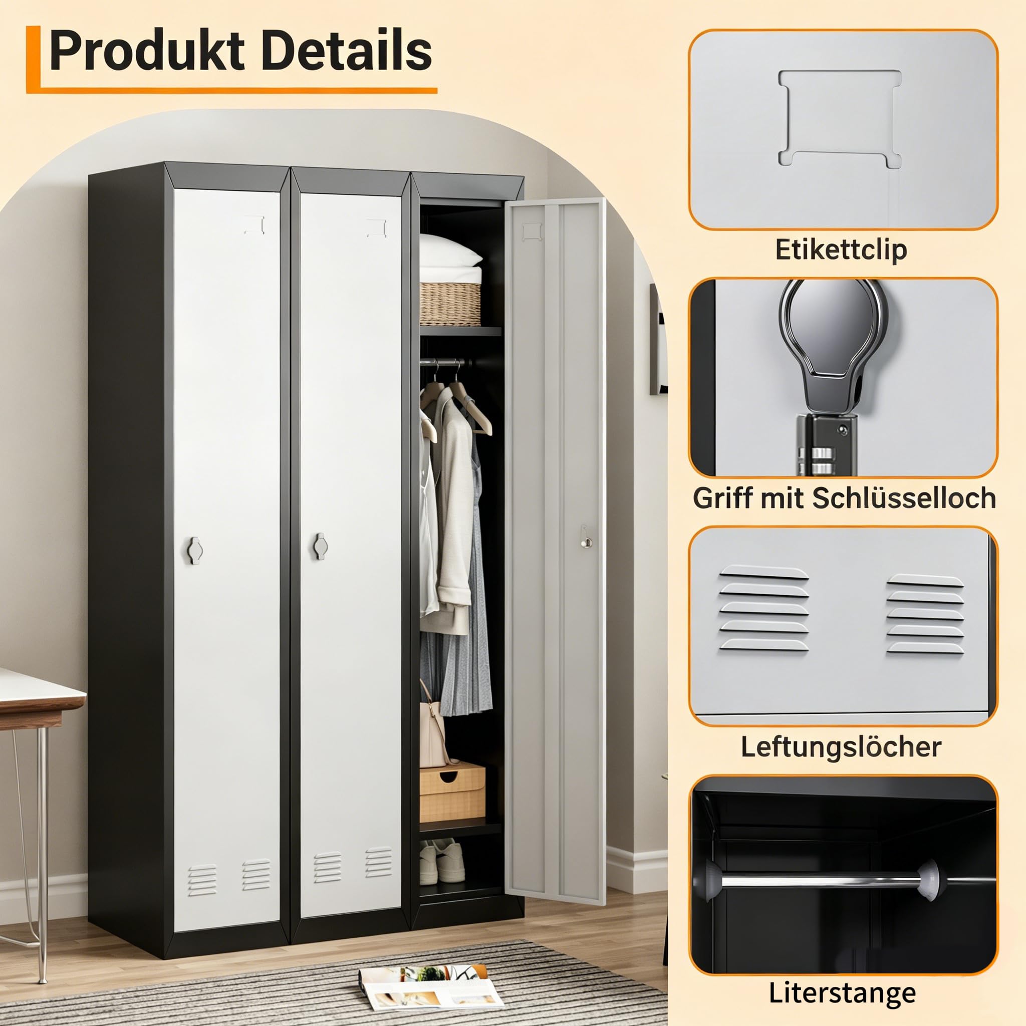 Garvee Spind Metall 180x30.5x45.7cm Stahlschrank abschließbar Garderobenschrank mit Kleiderstange & Lüftungsschlitzen Metallschrank für Büro Garage Schule Keller Umkleideschrank Grau Schwarz
