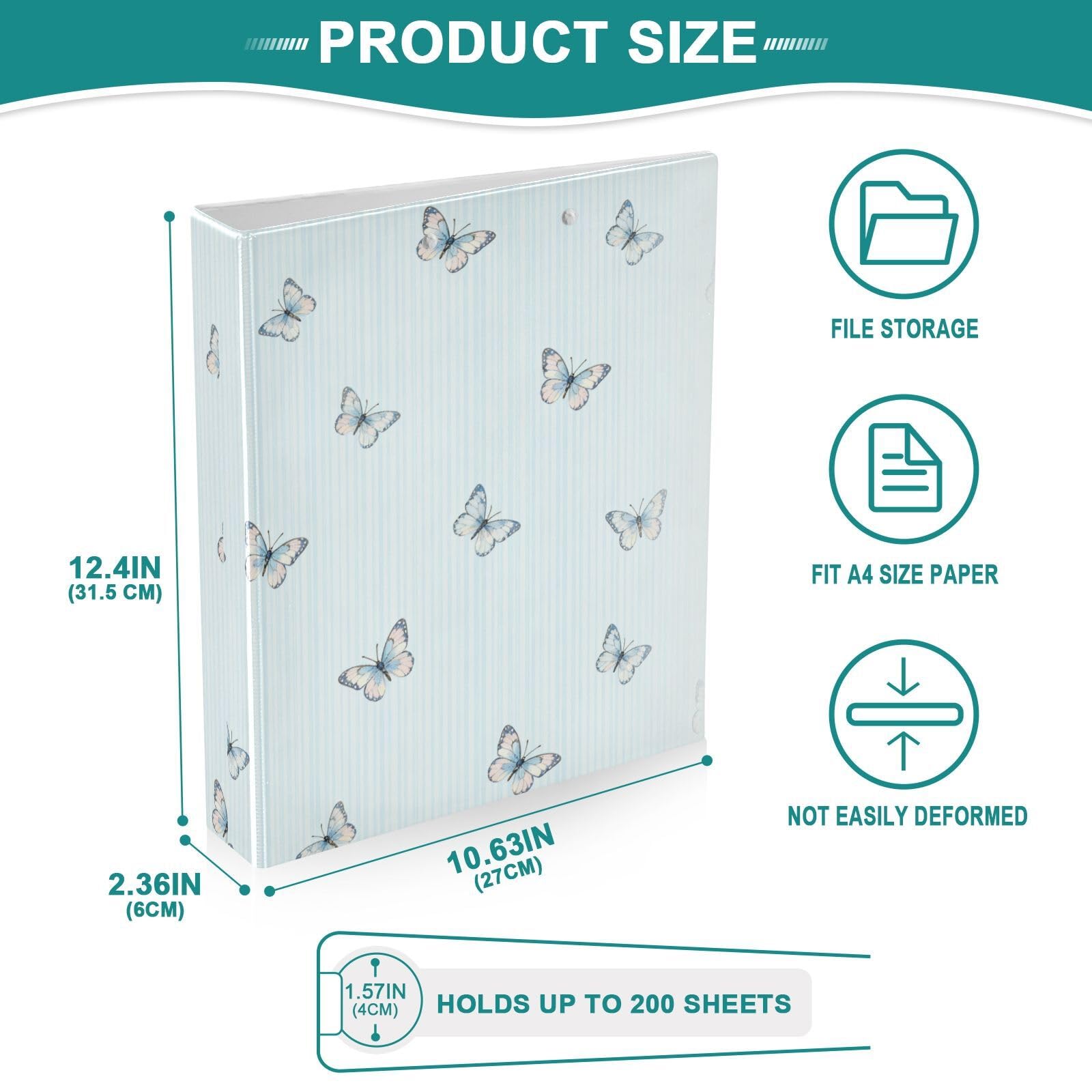 Raccoglitore per materiale scolastico da 2,5 cm, motivo farfalle, blu e bianco