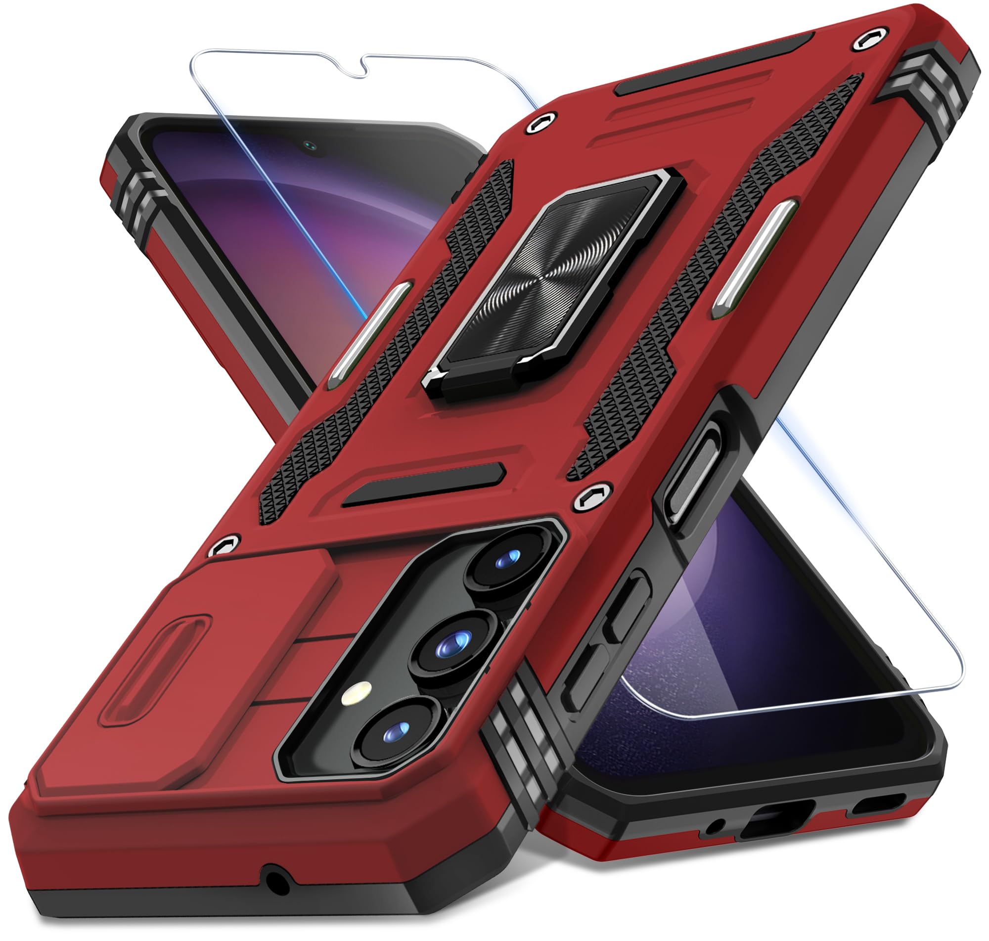 DEERLAMN Case for Samsung Galaxy A16 5G with Slide Camera Cover+Screen Protector (1 Pack), Rotated Ring Kickstand Military Grade Shockproof Protective