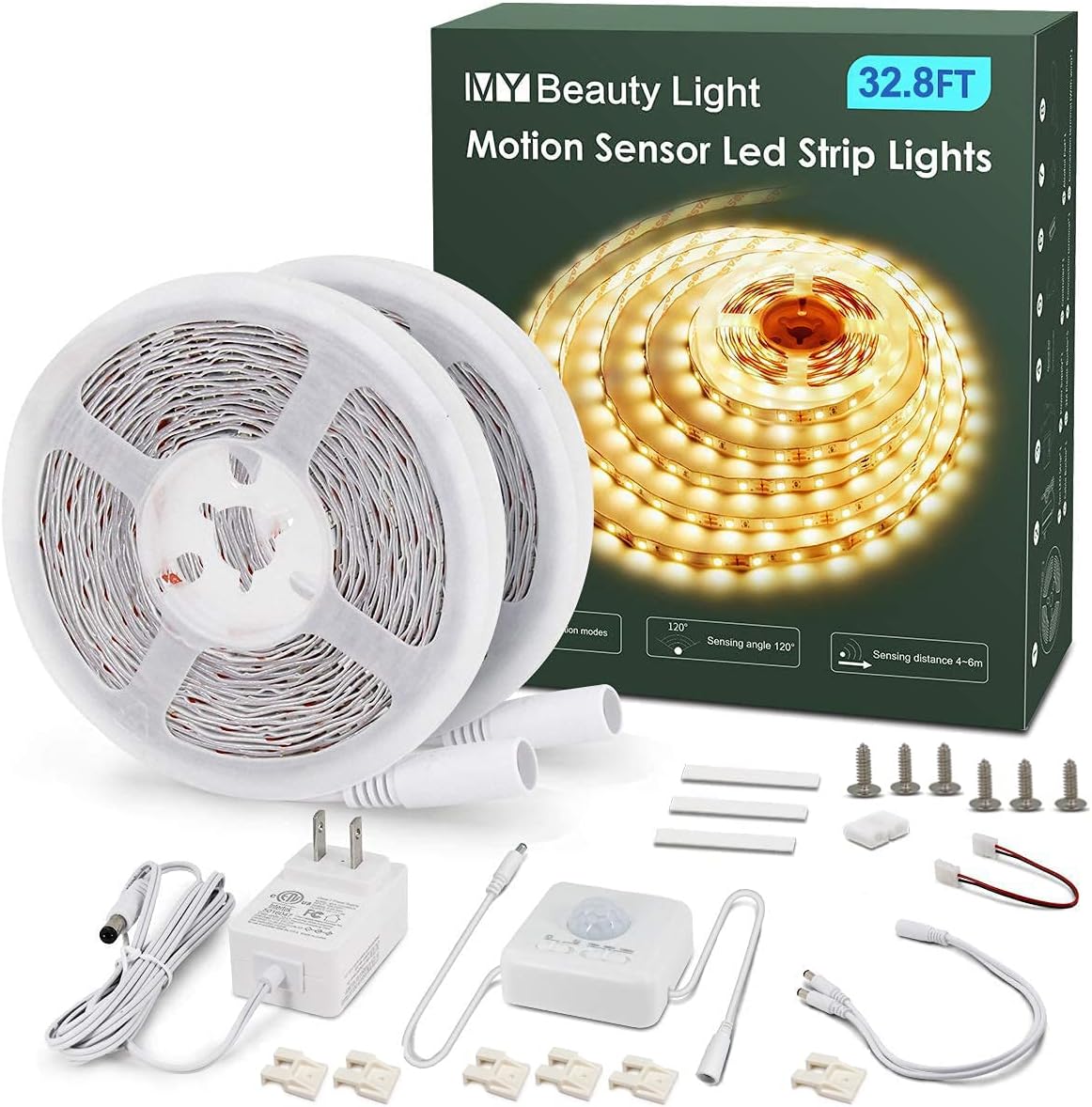 MY BEAUTY LIGHT Motion Activated LED Strip Lights, 32.8ft LED Light Strip with Day or Night 2 Lighting Modes,3 Timing Off Modes,Warm White 12v Plug-in LED Rope Lights for Under Cabinet,Kitchen,Stair Warm White 32.8FT