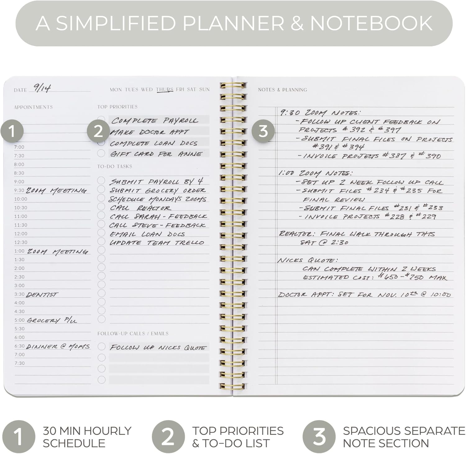 Aesthetic 3 Ring Binder Set of 2 and Daily Planner and Notebook with Hourly Schedule Bundle