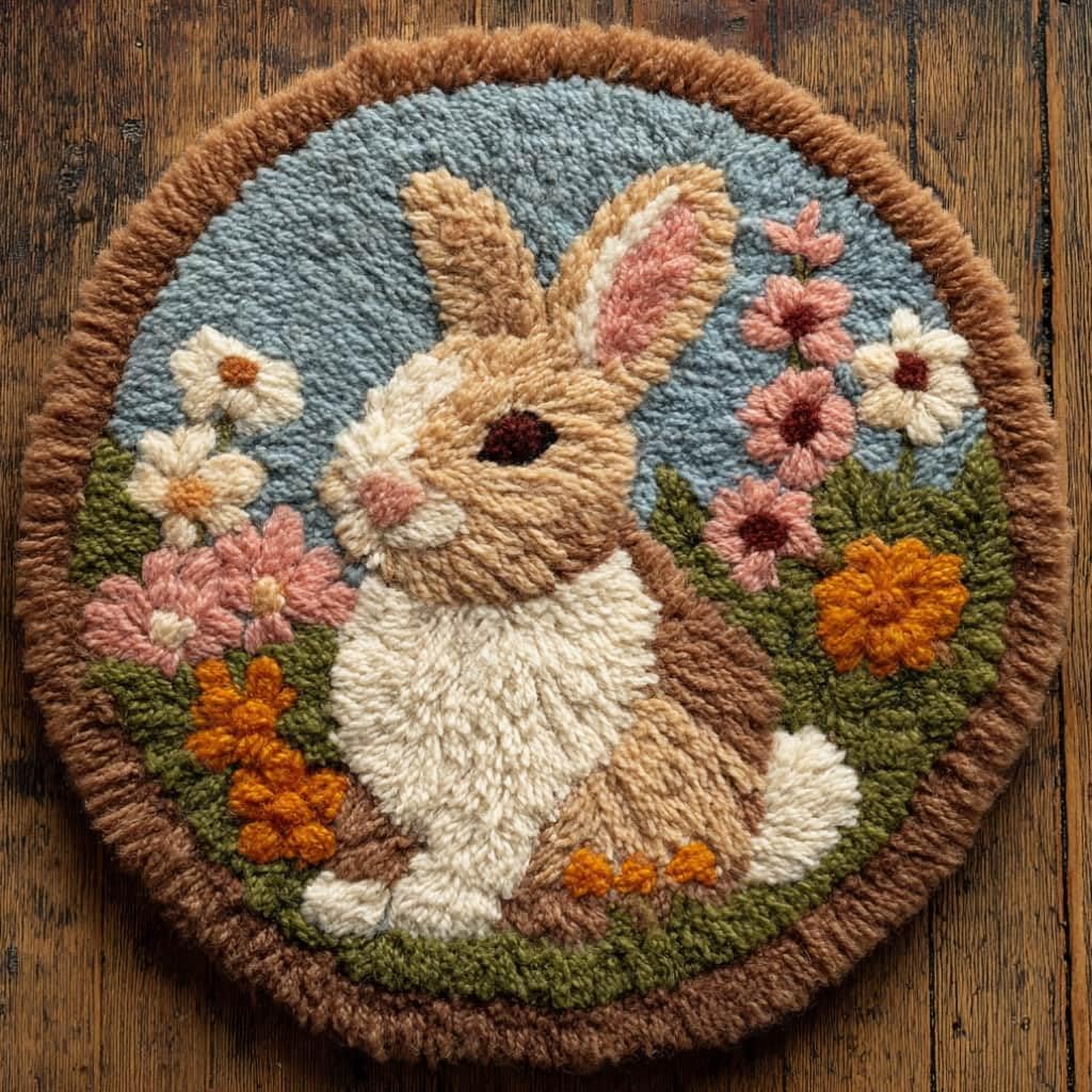 kitphoenix Round DIY Latch Hook Rug Kits Rabbit 20X20Inch (50X50Cm) Easy for Beginners Round Carpet Crochet Yarn Craft Large Rug Hook and Latch Tapestry for Home Decor