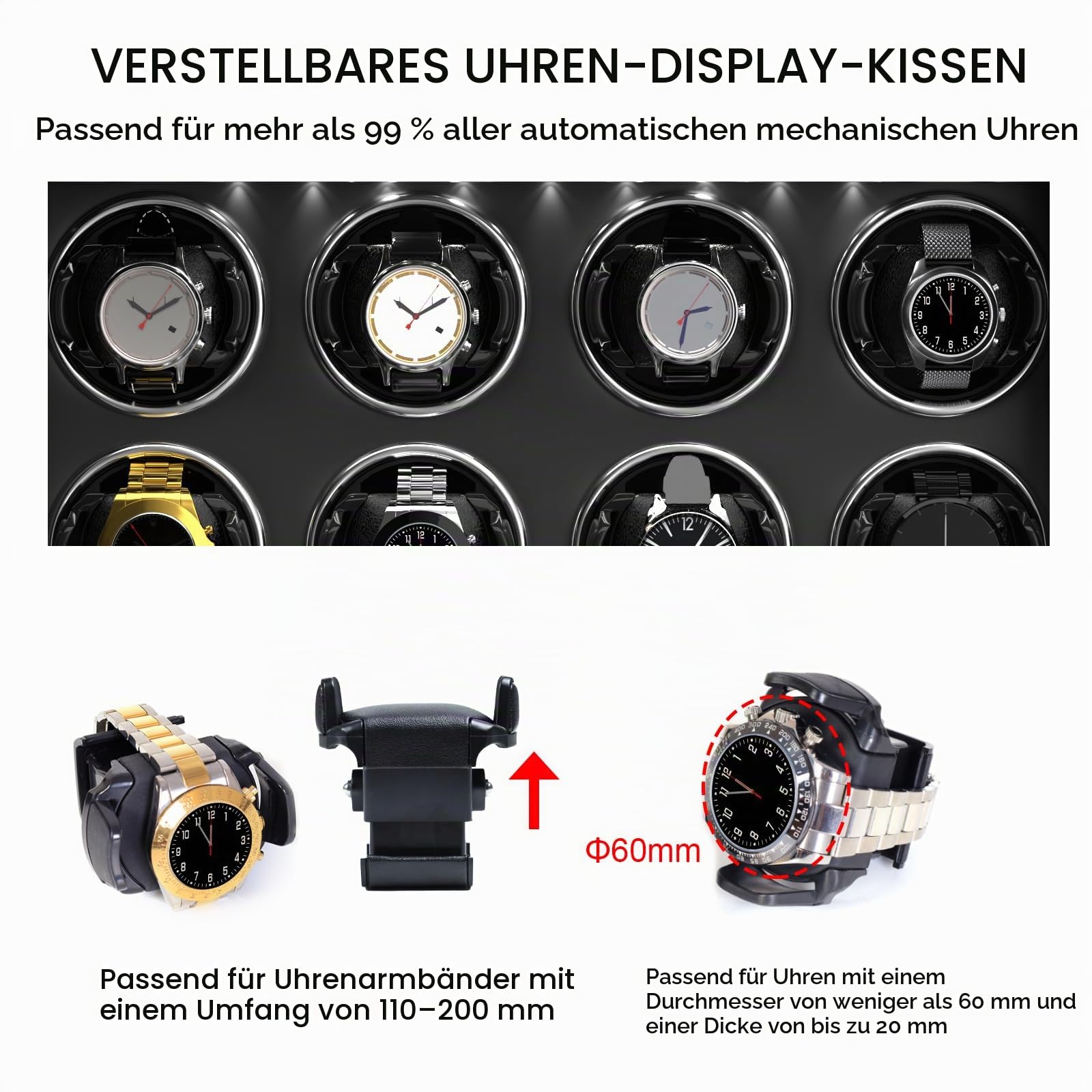 XTELARY Abschließbarer Uhrenbeweger für 2/4/6/8 mit 4 Rotationsmodi, Speicherplätzen,Aufbewahrungsschublade, Weißes LED-Licht Superleiser Motor und Federuhrkissen für Herren und Damen