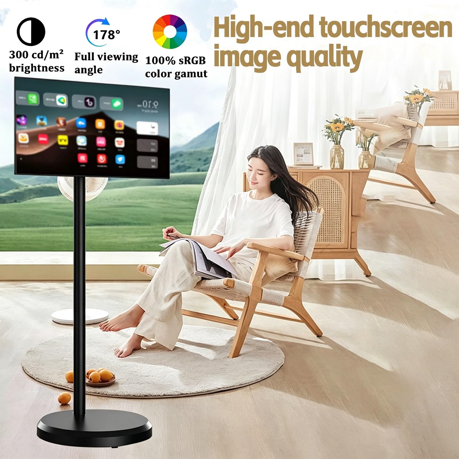 21,5 Pollici TV Portatile con Piedistallo,Monitor Touchscreen con Ruote,Display All-In-One con Inclinazione e Rotazione,Batteria Integrata 5 Ore per Soggiorno,Camera da Letto,Ufficio Domestico