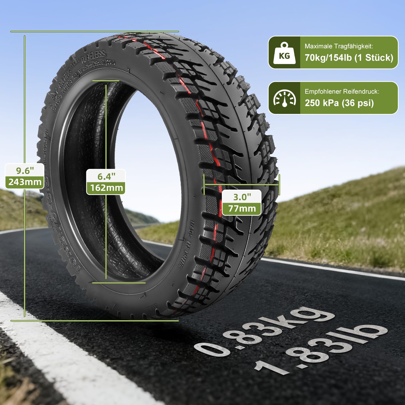 10 x 2,75-6,5 Tubeless Reifen für Kukirin G2/G3/M4 Max/A1 Roller (2 Stück) | Off-Road Vakuum Reifen, 10 Zoll, Mit Gebogener Düse, für Kukirin G2 Master 2025 / G2 Ultra / Urban Glide E-Cross