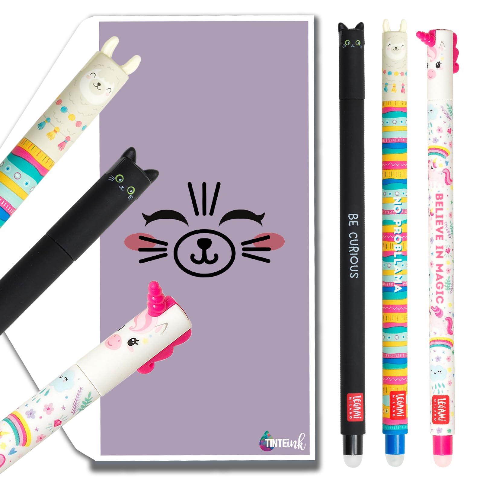 Tinte Ink Legami Erasable Pens Bundles/Sets with Cute Envelope - (Cat, Llama, Unicorn Set, 3 Pens) — image 1