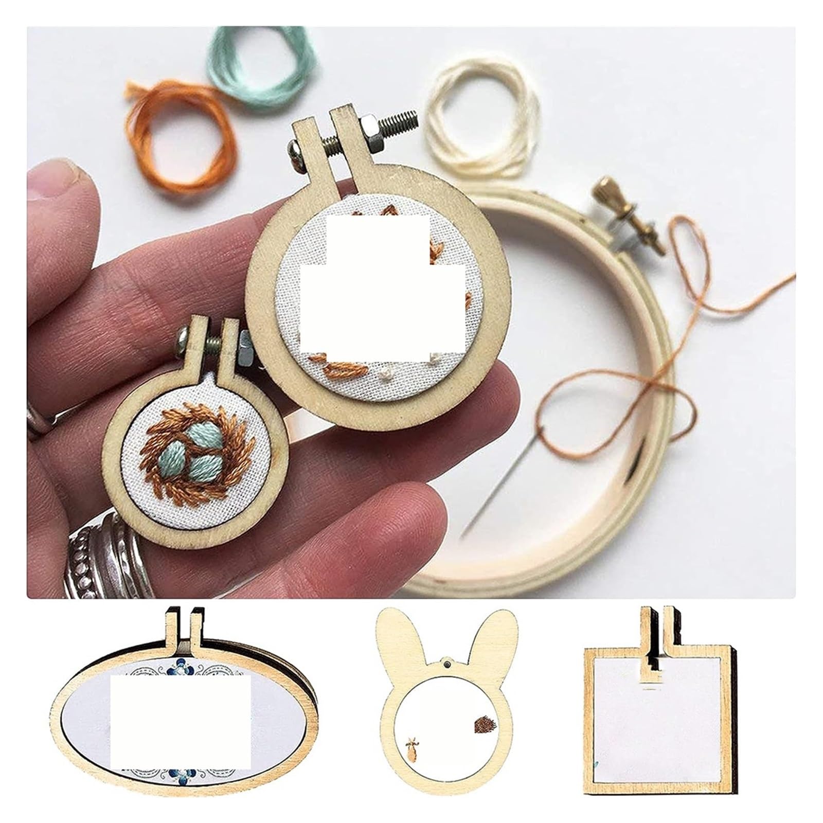 MRKU Soporte para aro de Bordado DIY, Kit de Costura para Punto de Cruz, Mini Paquete de 5 Mini Anillos de Madera pequeños para Manualidades con Colgantes