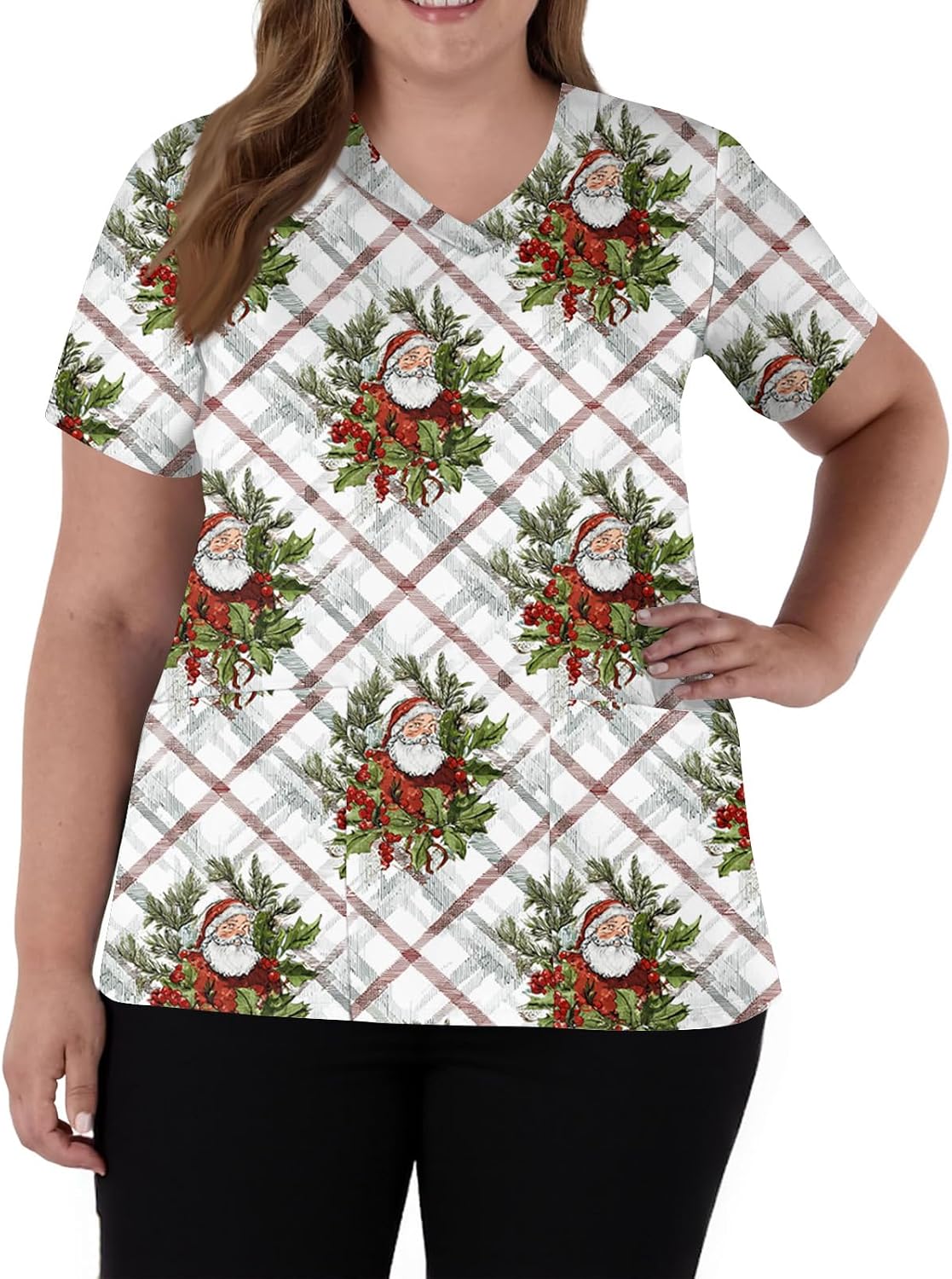 Seasonal Christmas Nurse Scrubs Festive Print V Neck Short Sleeve Stretch Uniform with Pockets Healthcare