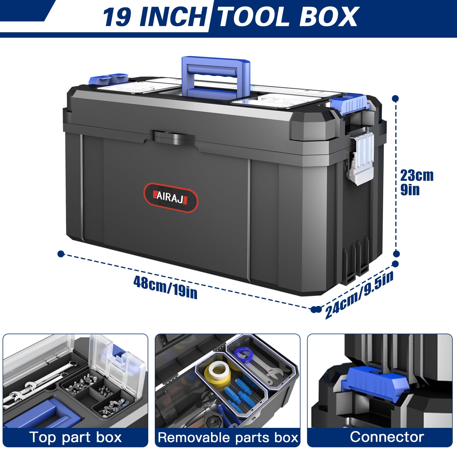 3-in-1 Werkzeugkoffer mit Rollen,Modularer Werkzeugkoffer Leer,Stapelbarer Werkzeugkiste,Oberteil mit Teilebox,mit Abnehmbarer Kleinteilebox,Geeignet für Zuhause,Reparieren und Garage,17"+19"+21"