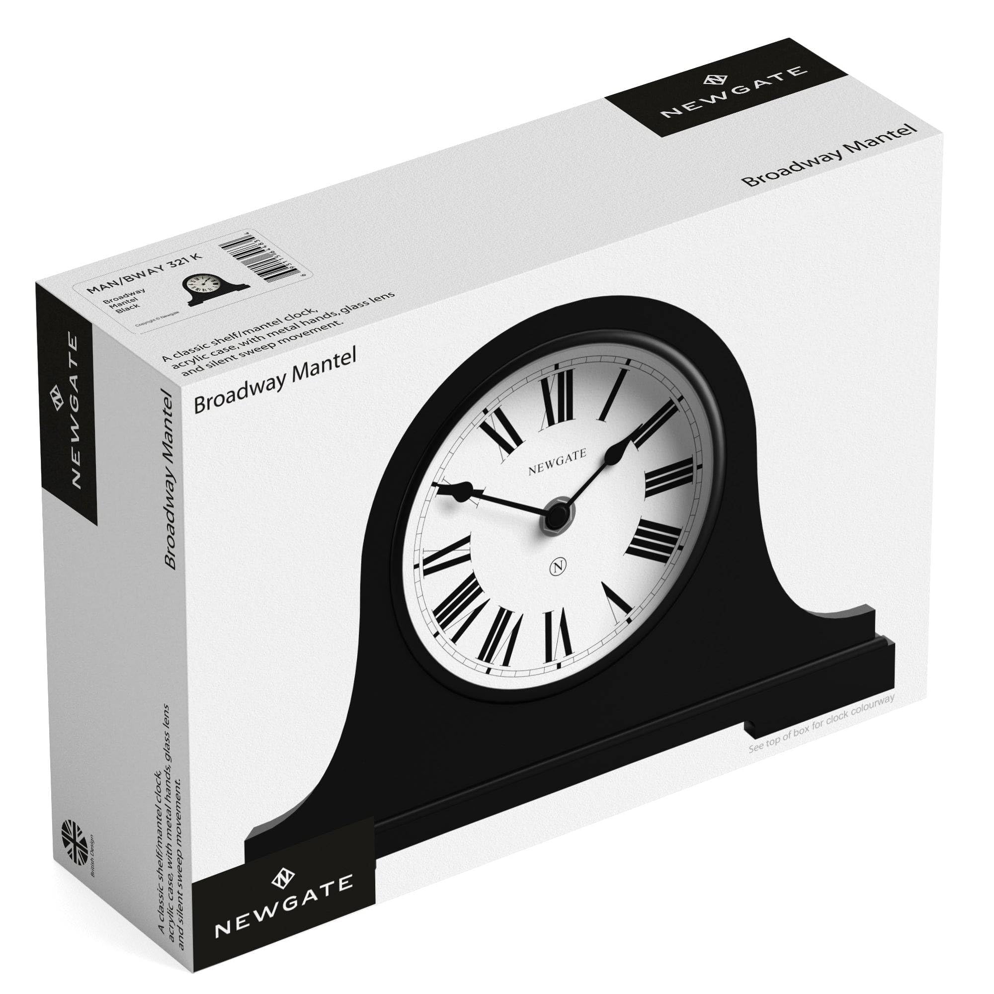 NEWGATE® Broadway Reloj de repisa | Diseño clásico del Sombrero de Napoleón | Negro | Números Romanos | Estilo Tradicional para Escritorio, Superficie de Mesa, estantería o mesilla