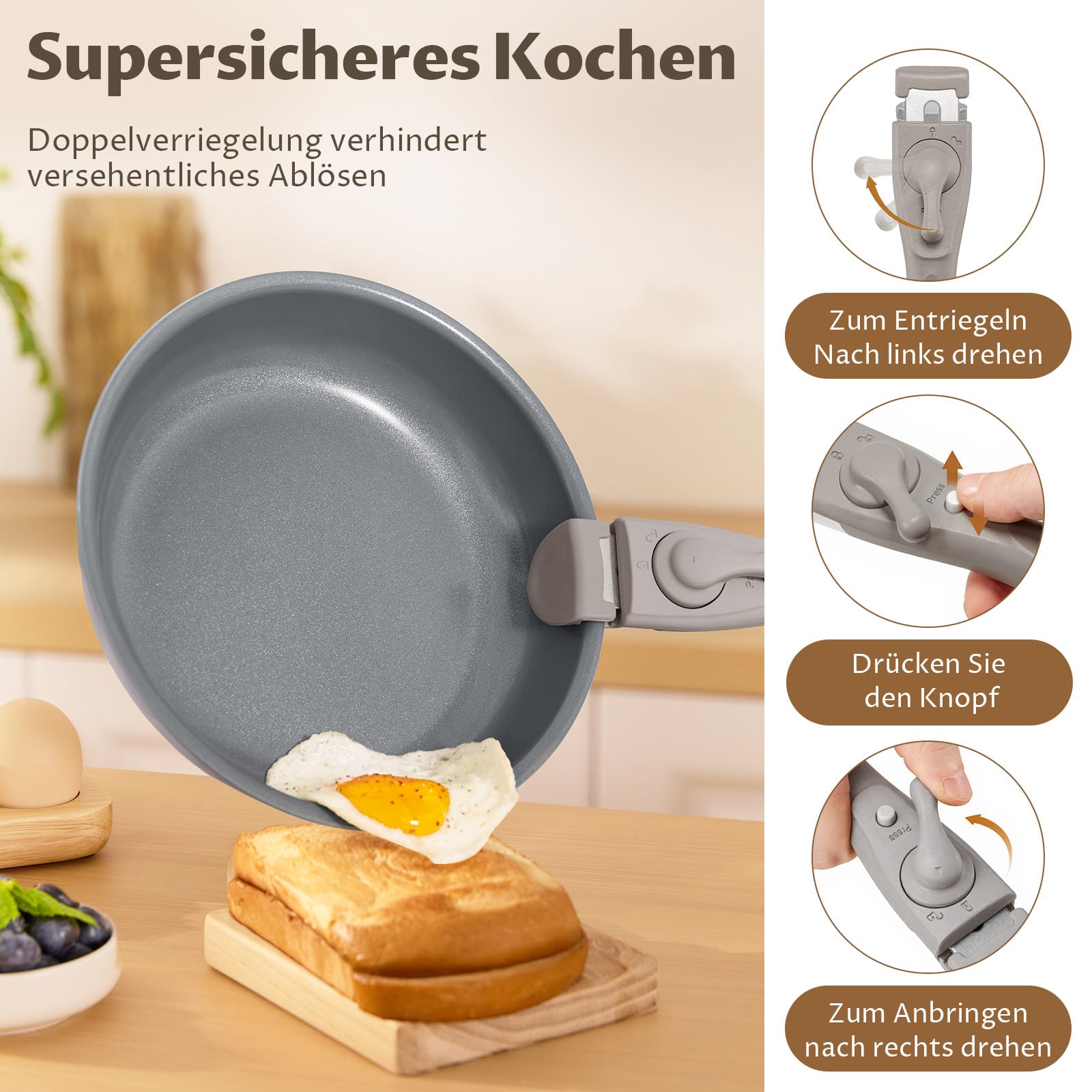 BEZIA Töpfe & Pfannen Set mit abnehmbarem Griff, 17-tlg. Keramik Topfset | Platzsparendes stapelbares Topf- & Pfannenset Induktion, Backofengeeignet Kochgeschirr-Set für Wohnmobil & kleine Küche