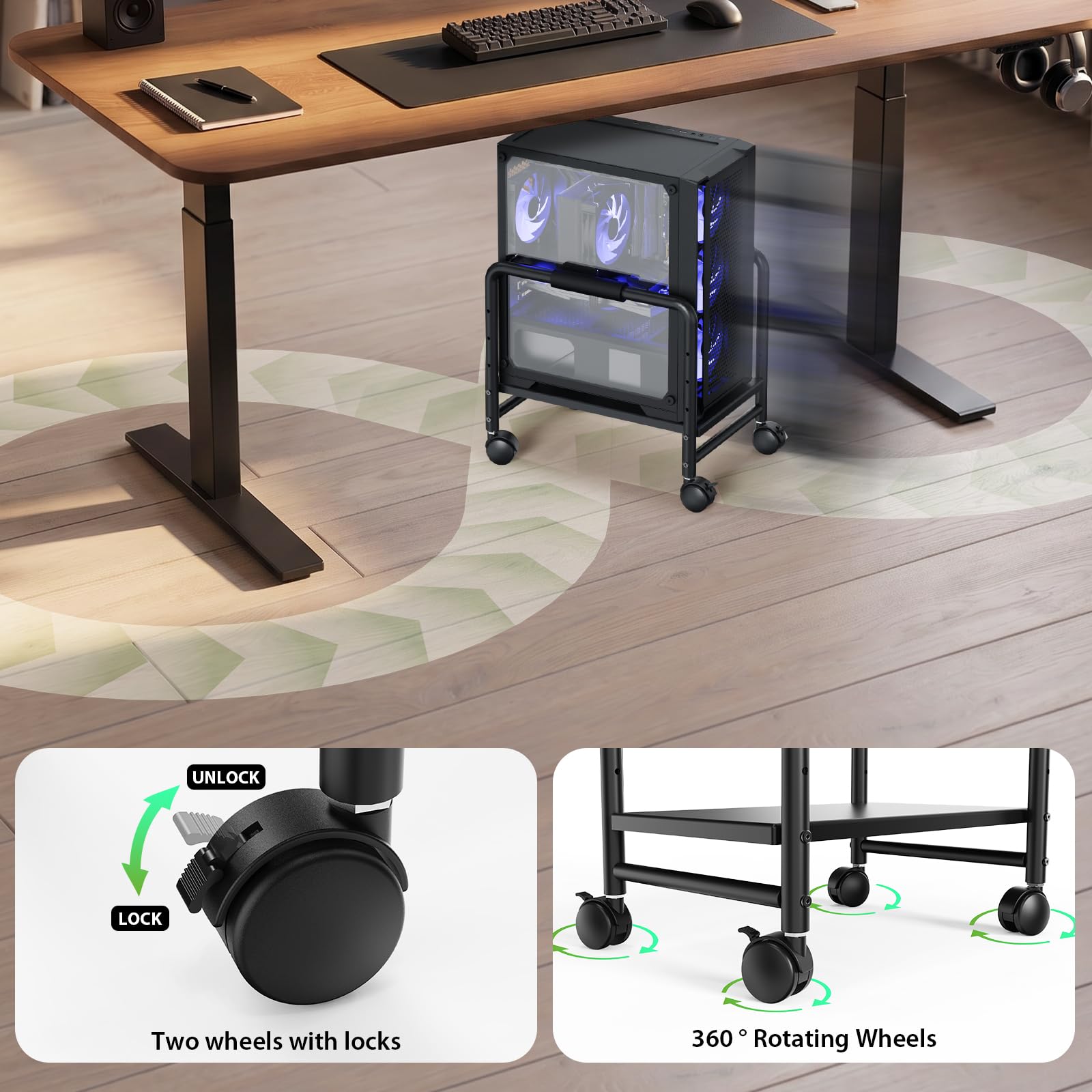 KEEGH Computer-Tower-Ständer unter dem Schreibtisch, höhenverstellbarer Computerwagen für Boden, robuster Stahlständer mit 360° feststellbaren Lenkrollen für PC, Drucker, Gaming-Zubehör, Schwarz