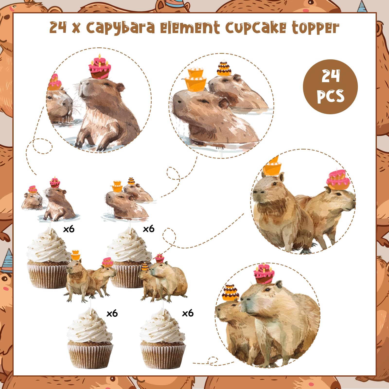 Capybara Cupcake-Topper – 24 Stück, 12 Designs, Aus Karton | Deko Für Geburtstagskuchen, Babyparty & Tier-Themen-Party