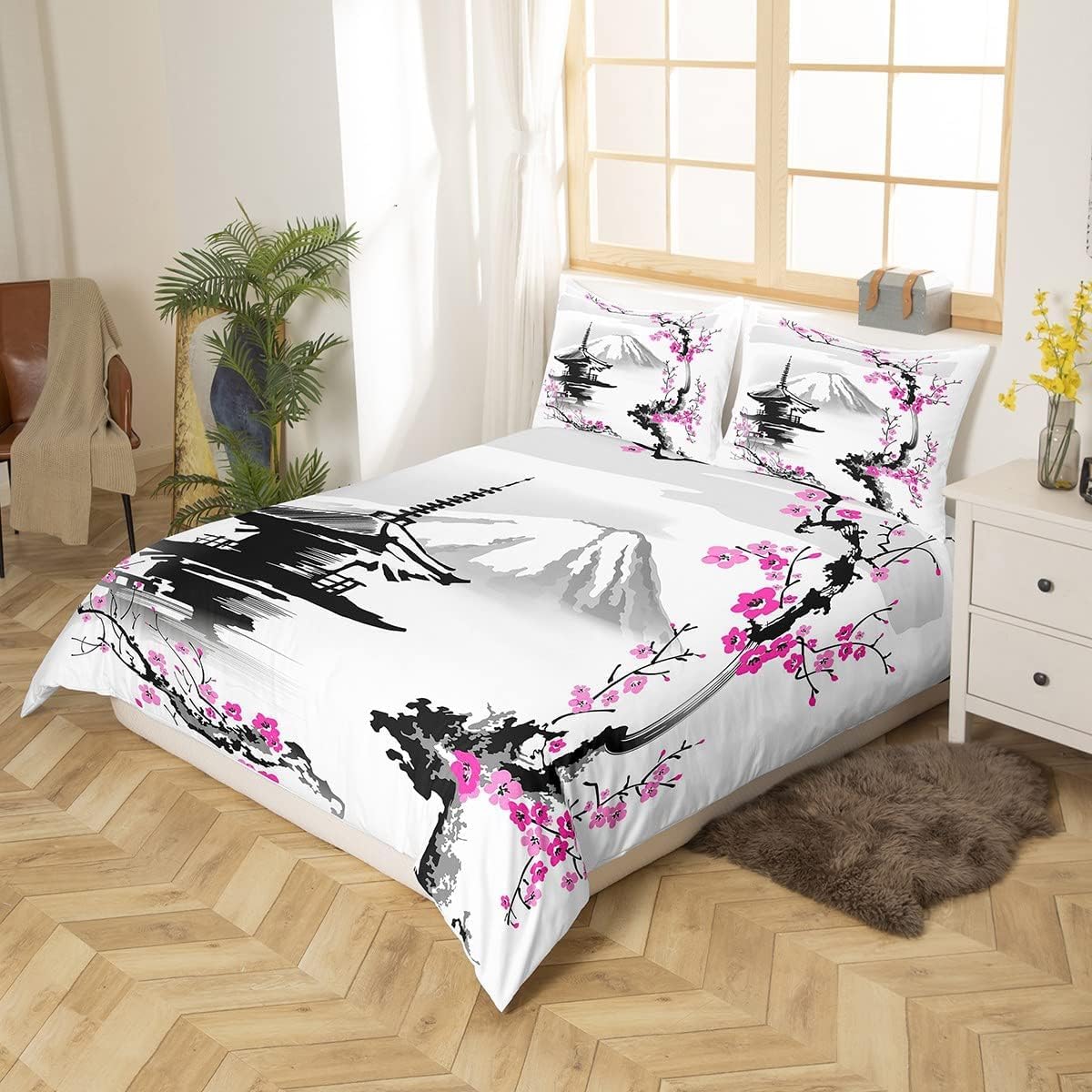 Homemissing Monte Fuji de Japón Funda nórdica 220x240cm Rosa Sakura Juego de cama Estilo Japonés Conjunto de ropa de cama Pintura de montaña con tinta Decoración de cama exótica Sakura Acuarela