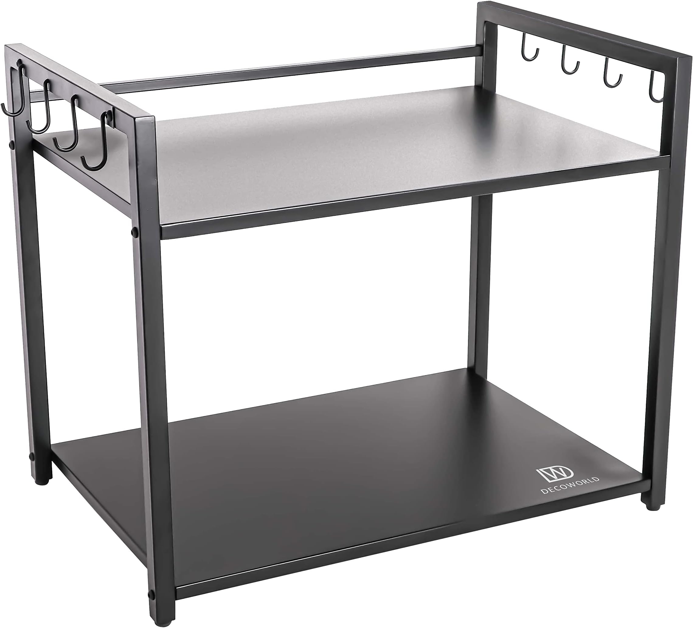 DECOWORLD || Metal Microwave stand || Microwave & OTG Stand for Kitchen Counter|| Double Platform for Extra Storage with hooks|| Kitchen Oven Rack(BLACK)