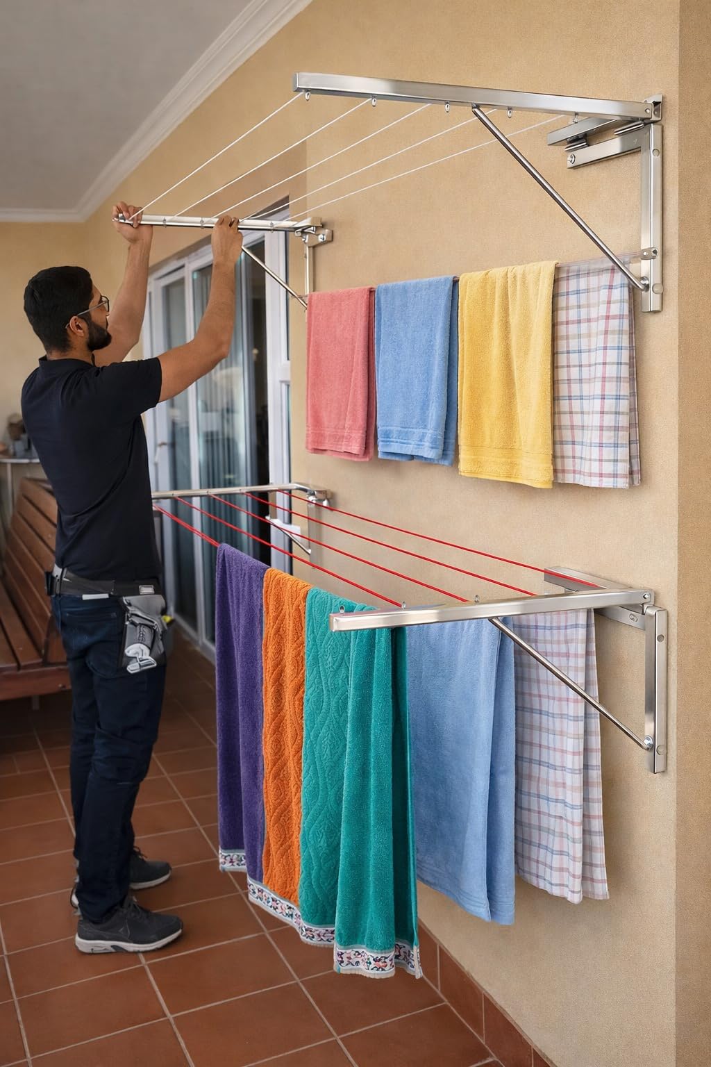 Stainless Steel Foldable Wall Mount Cloth Drying Stand-Wall Stand for Cloth Dress Drying-Cloth Dryer Stand for Balcony-Collapsible Stainless Steel Wall Mount Space Saving Cloth Drying Rack-image-43
