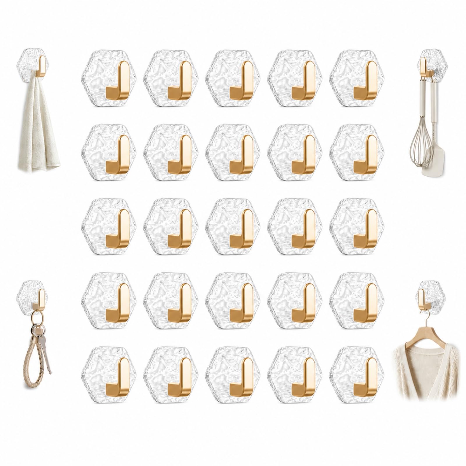 ZrdlqlLcjxy Water Ripple Hexagonal Self Adhesive Hooks, Drill Free Wall Hangers, Transparent Key Holder for Bathroom, Kitchen, Office, Living Room，25Pcs（Gold）