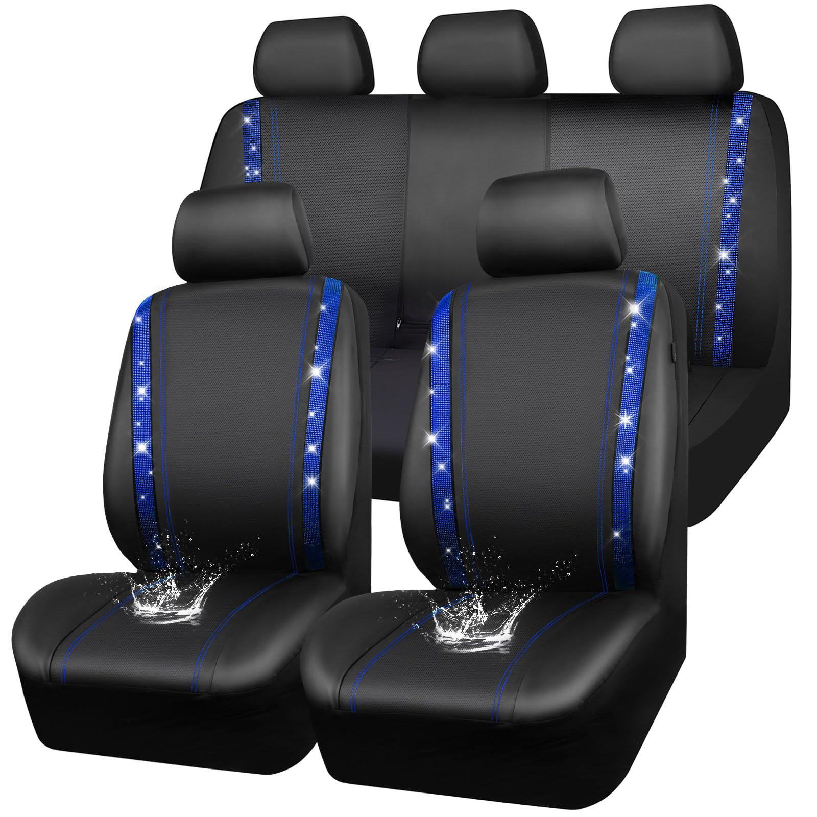 CAR PASS Housses siège Voiture en Cuir imperméable, Bling Diamant Brillant Cristal Scintillant, Universel pour 95% de Toutes Les Automobiles Camions SUV, Femmes Hommes(Ensemble Complet, Bleu)