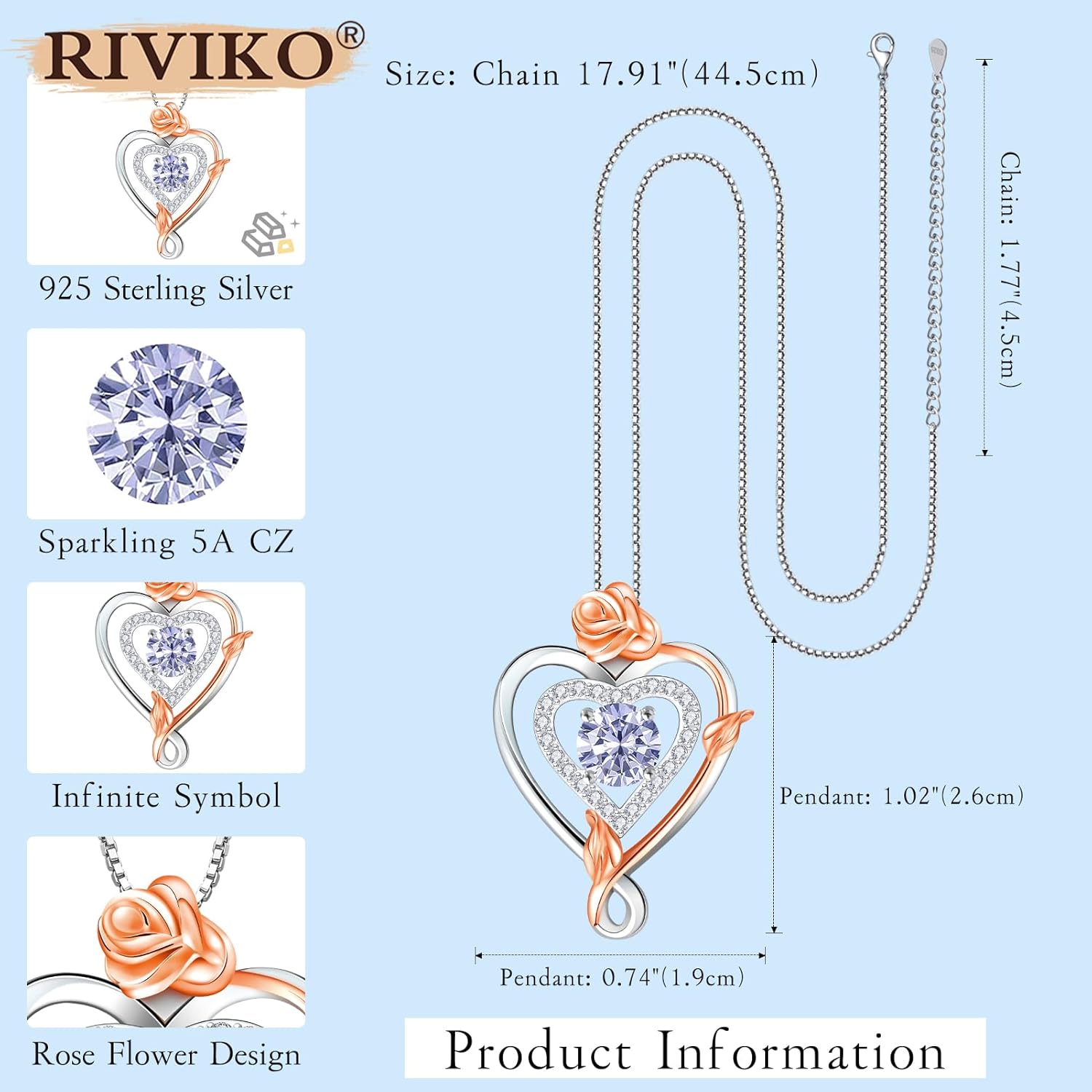 RIVIKO Infinity Heart Symbol Rose Birthstone Necklace for Women,925 Sterling Silver Heart Pendant Necklaces,Anniversary Valentines Jewelry Birthday Mothers Day Gifts for Mom Her Wife Women Girlfriend - Image 5