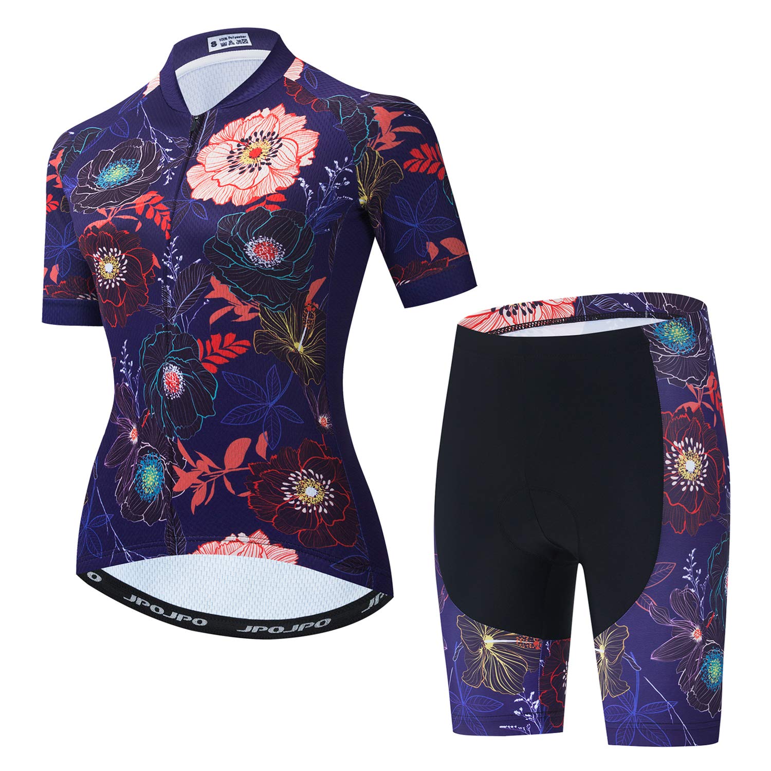 JPOJPO Ensemble maillot de cyclisme à manches courtes avec short de cyclisme rembourré 5D respirant à séchage rapide 3 poches pour femme