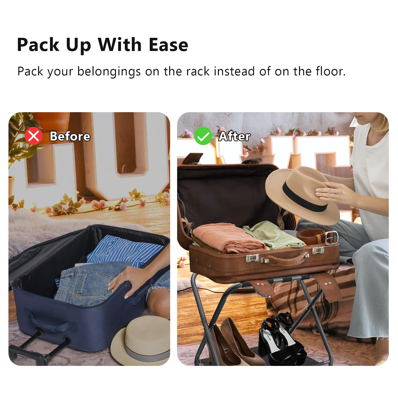 Jsluiiys Luggage Rack, Pack of 2, Suitcase Stand with Fabric Storage Shelf, Foldable Steel Frame, Luggage Rack for Guest Room Bedroom Hotel, Folding Luggage Rack, Black