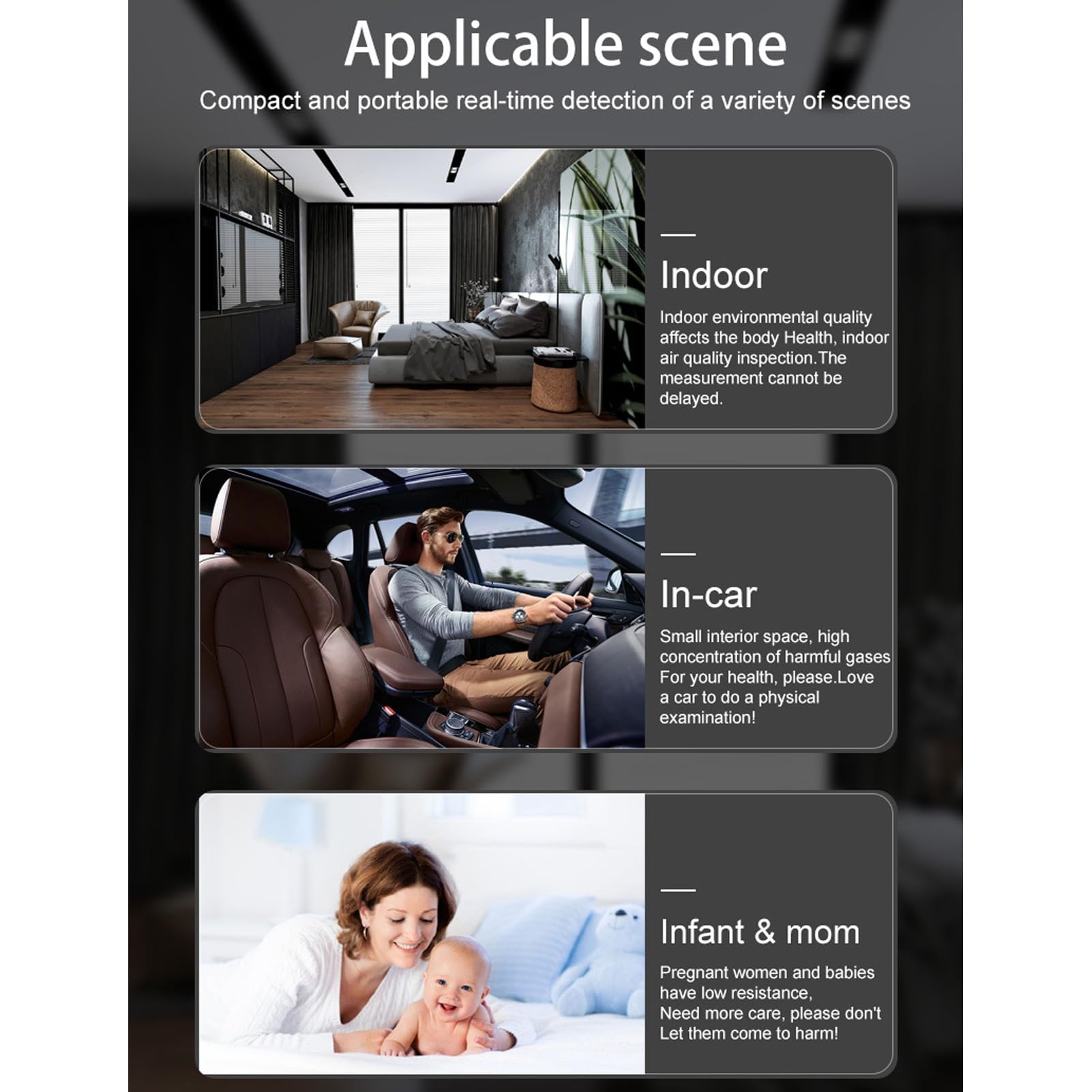 Hyuduo Monitor de Calidad del Aire, Detector LCD CO2 PM2.5 PM1.0 PM10 con Pantalla de Tiempo, Probador de Calidad del Aire Recargable Micro USB 3000 MAh para Uso en Interiores y Oficinas en el Hogar