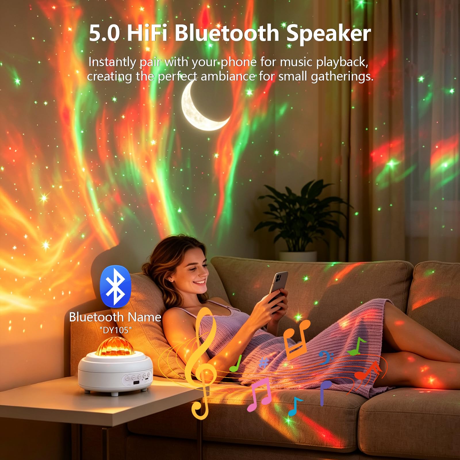 HUMIIEYE Projecteur d'étoiles avec haut-parleur Bluetooth, veilleuse à piles 1800 mAh, projecteur de galaxie, projecteur d'aurore boréale avec lune, éclairage d'ambiance pour chambre à coucher