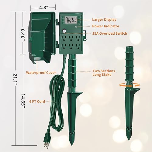 Miniatura 14 de SURAIELEC Estaca de alimentación para exteriores, temporizador digital programable de 7 días, regleta de alimentación resistente a la intemperie, 6