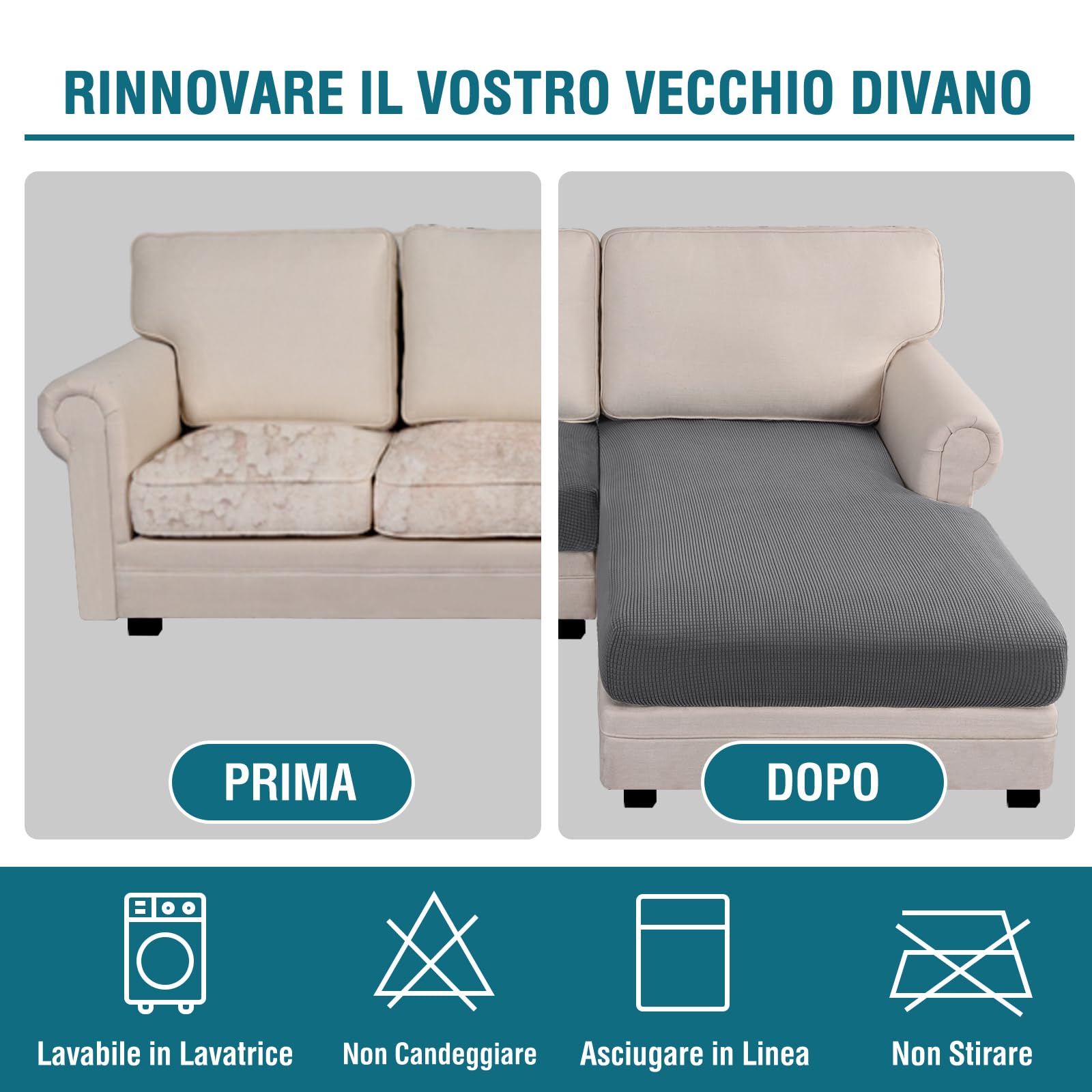 BellaHills Copridivano 2 Posti con Penisola, Copridivano Penisola Destra/Sinistra Universale Copri Divano, Copridivano Impermeabile Antigraffio (2 Posto + Chaiselongue, Grigio)