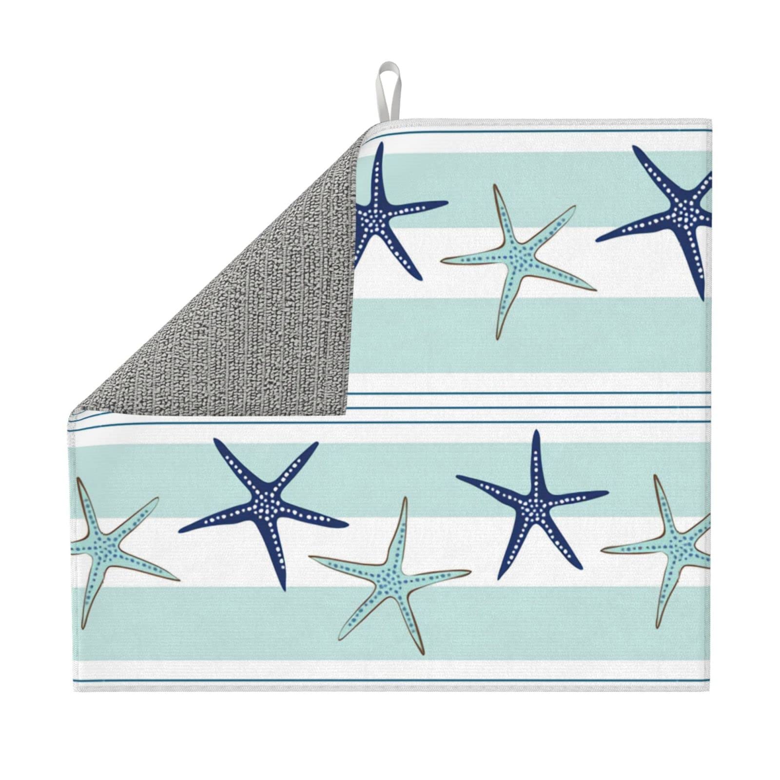 Coastal Starfish Pattern Navy Blue Pattern Dish Drying Mat for Kitchen Counter Decor - 16" x 18" Microfiber Absorbent Dish Drainer Mat Reversible Countertops Protector Pad