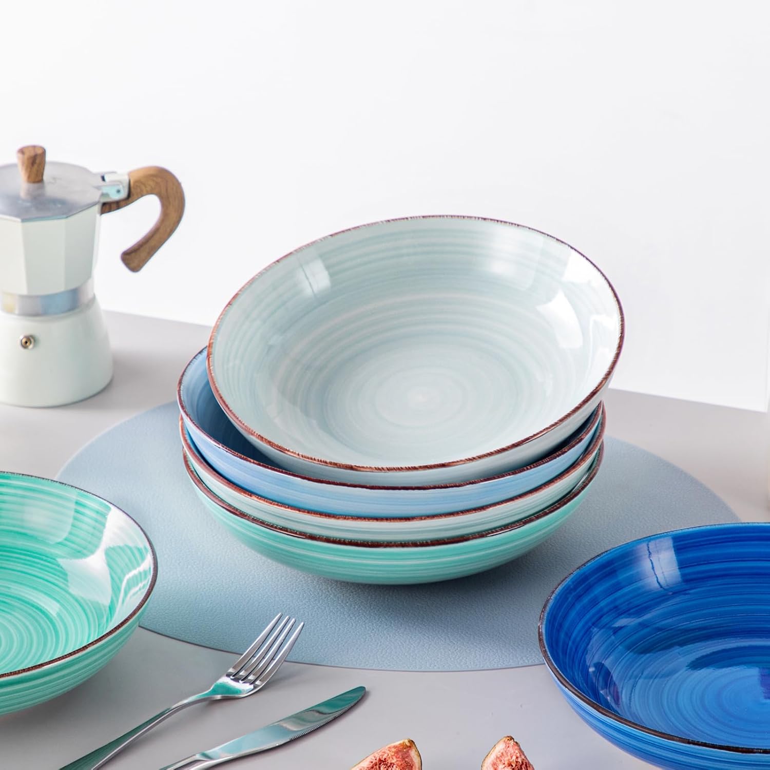 vancasso Bonita Pasta Bowls Set of 6, 50oz Large Salad Bowls for Kitchen, Stoneware Serving Bowls Dishwasher & Microwave Safe, Blue Bowl Set - Image 6