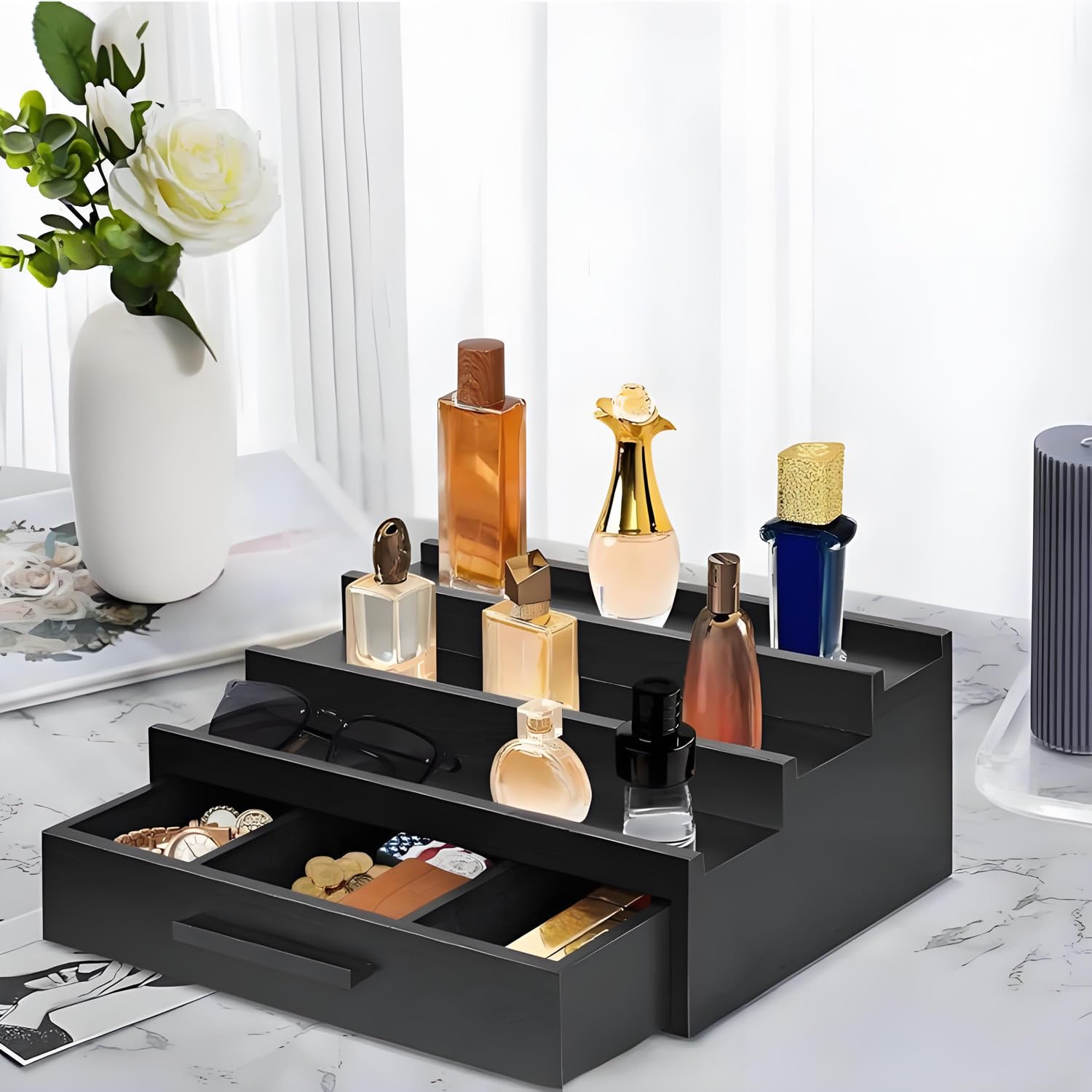 Regał na perfumy z drewna, 3 poziomy, regał na perfumy z szufladą – rustykalny stojak na perfumy na komodę, organizer perfum na blat roboczy, idealny dla mężczyzn, ojca, przyjaciela (czarny)