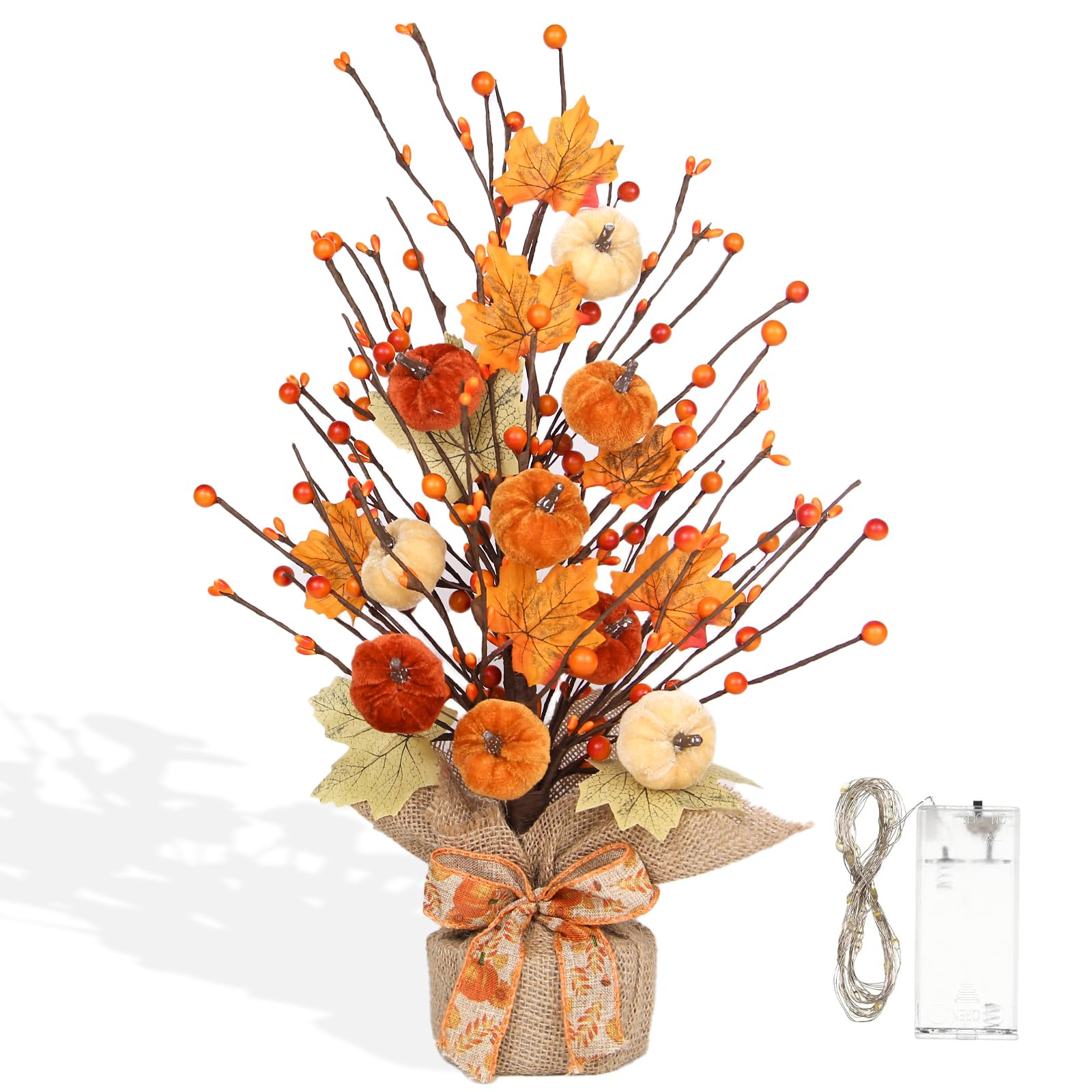 Decorazioni per alberi autunnali, albero di zucca illuminato da 50 cm con bacche multicolore foglie d'acero autunnali, centrotavola autunnali per tavolo da scrivania, mensola del