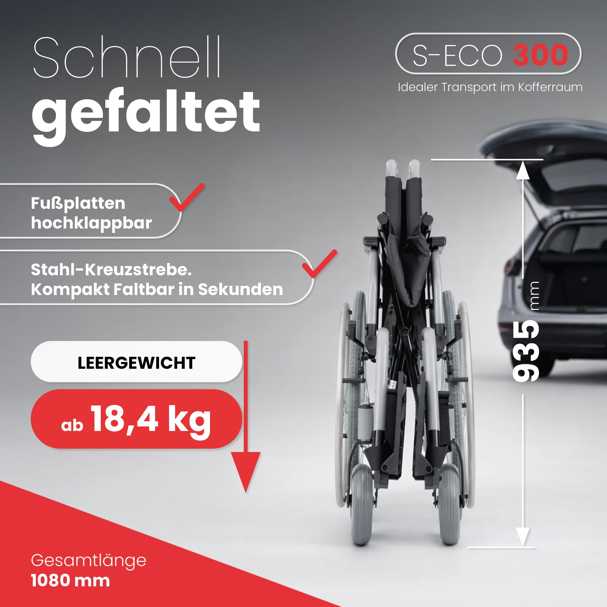 Bischoff & Bischoff® S-Eco 300 Fauteuil roulant pliable léger - Hauteur d'assise réglable - Fauteuil roulant de voyage pliable avec fourche en métal - Accoudoirs Duo (largeur d'assise 52 cm)