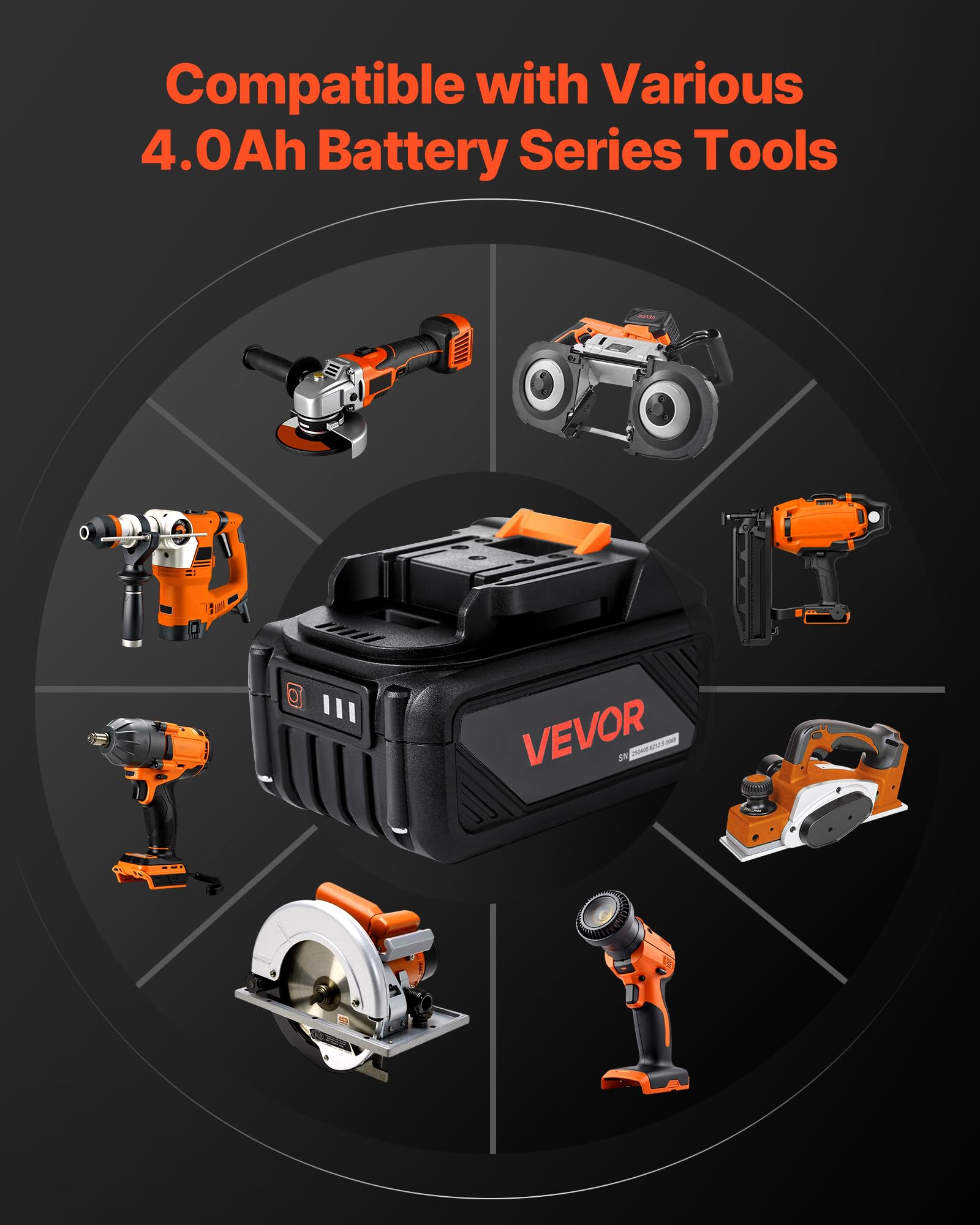 VEVOR Batteria Portatile e Caricabatteria, 20 V MAX, Batteria agli Ioni di Litio da 4,0 Ah, Grande Capacità 4000 mAh, Autonomia Estesa, per Utensili della Serie, per Sostituzione e Ricarica Rapida