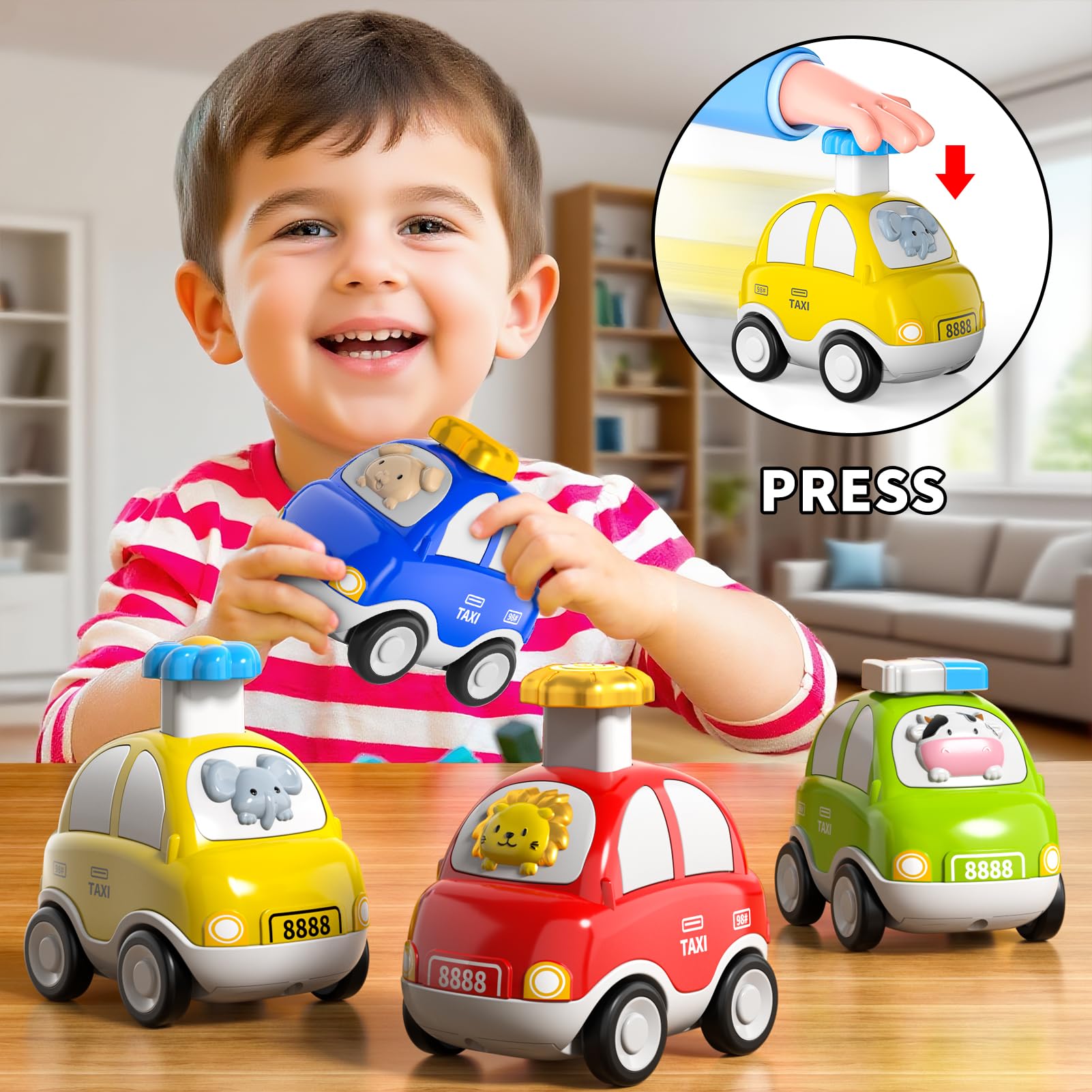 Auto giocattolo per bambini dai 3 anni – Set di 4 Auto degli Animali (Mucca, Cane, Elefante, Leone) | Giocattolo Auto per Bambini per Ragazzi e Ragazze, Giocattolo Educativo Regalo